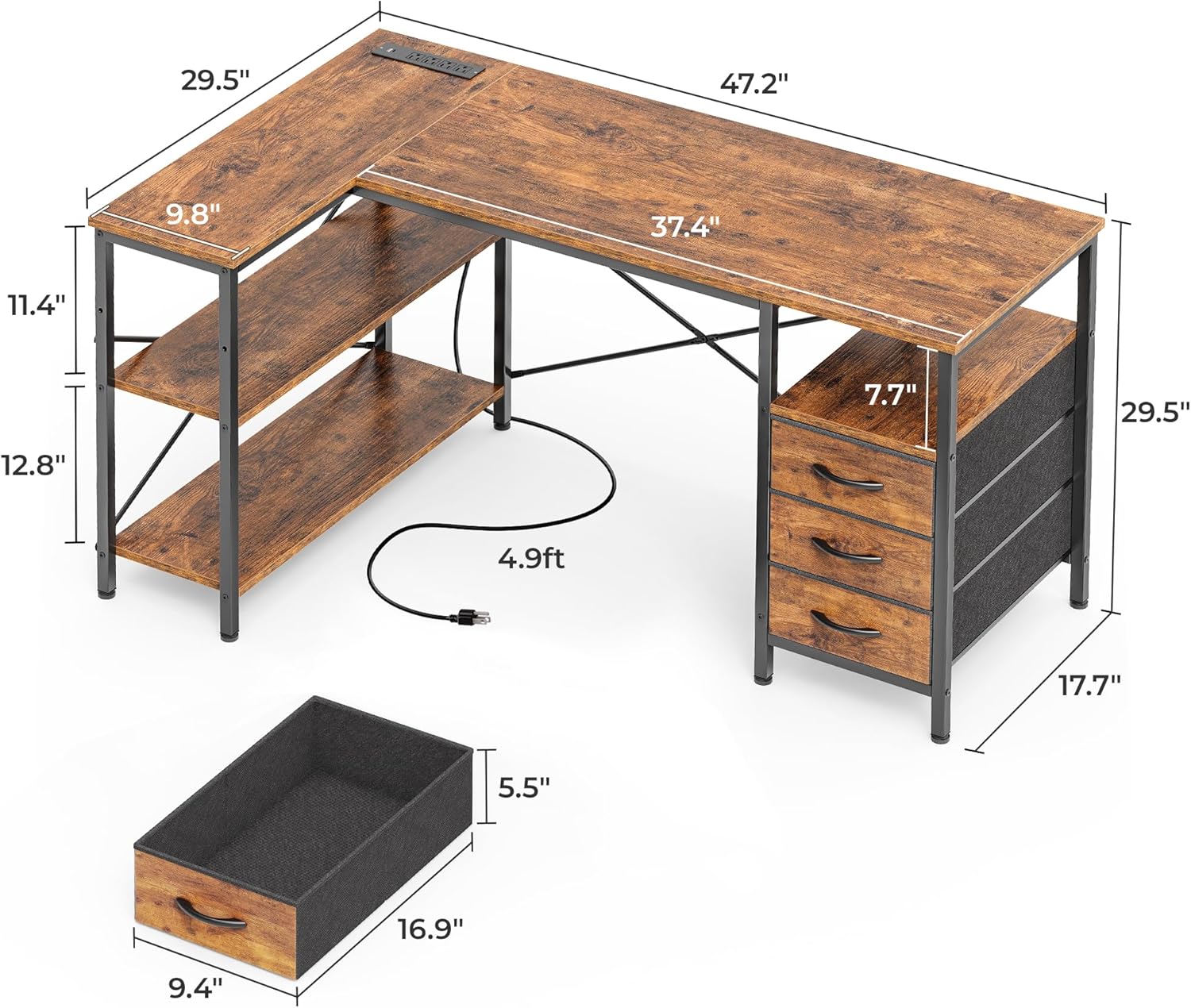 L Shaped Office Desk with Power Outlets, 47 Inch Computer Desk with 3 Drawers, Shelves