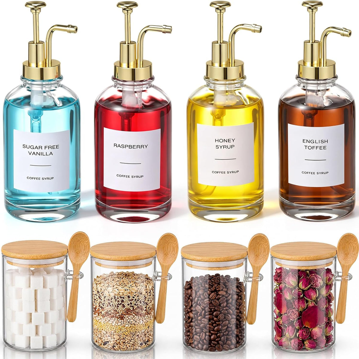 8 Pcs Syrup Dispenser and Glass Jar, Gold Pump Bamboo Lid
