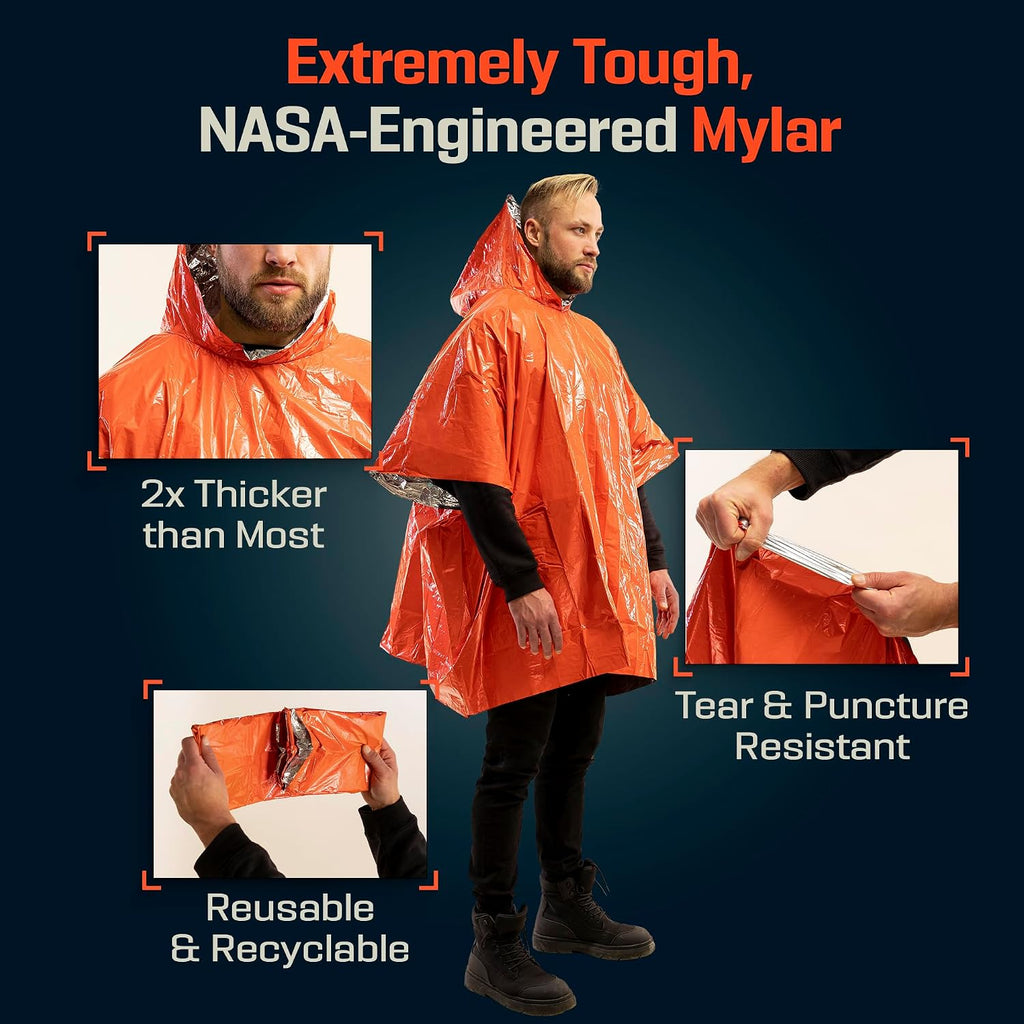 Emergency Mylar Poncho – Survival Rain Poncho with Hood – Lightweight, Compact, Reusable Emergency Blanket Poncho for