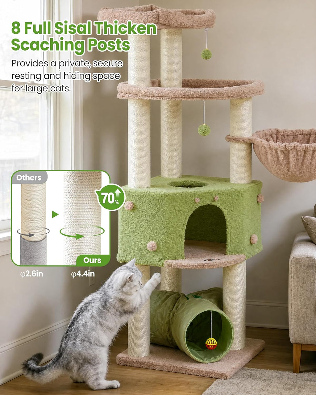 Cat Tree Tower for Large Cats Adult - 60 Inch XXL Sturdy Heavy Duty Extra Wide Scratching Posts (φ4.4in) Condo
