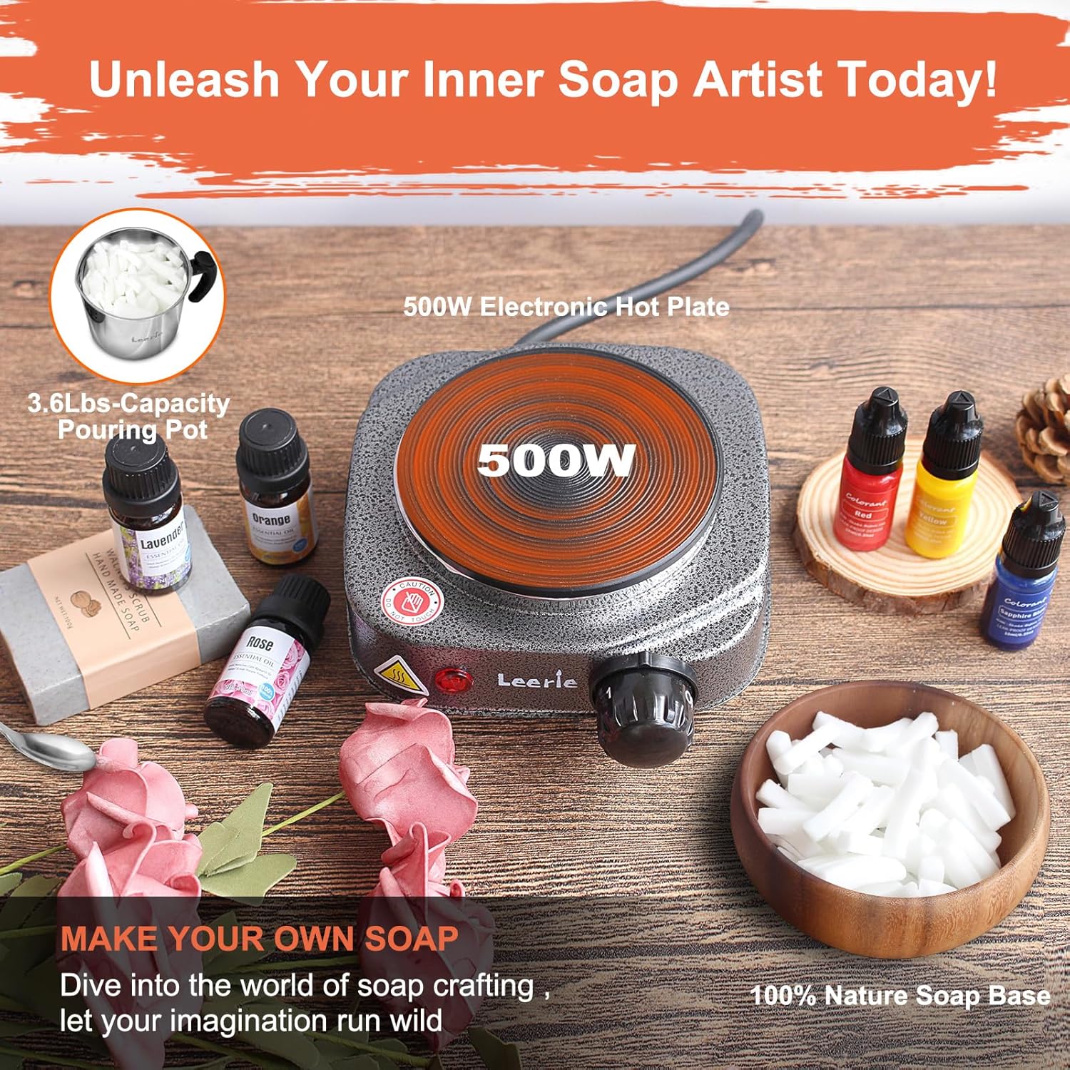 3.6Lbs Soap Making Kit with Electronic Hot Plate, 1.6 Lb Glycerin Soap Base, Pouring Pot, Silicon Mold, Spoon,3