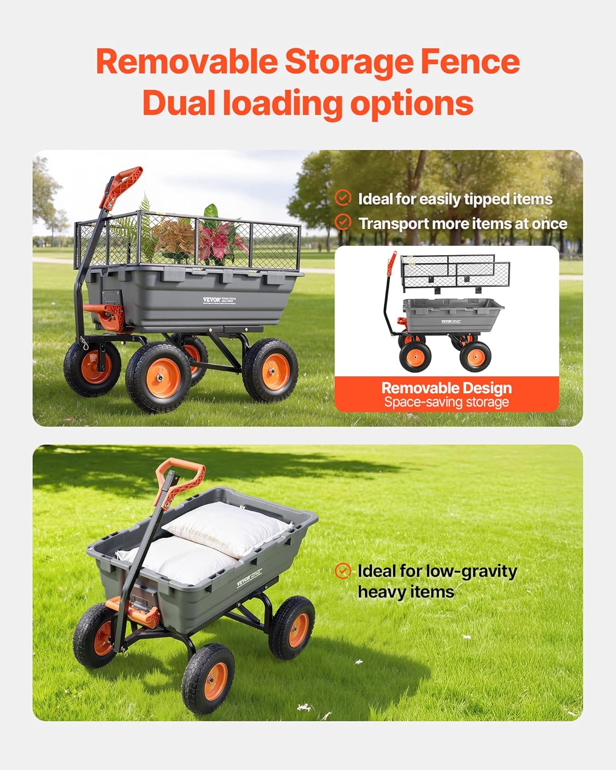 10 Cu.Ft 1200LBS Poly Garden Cart Dump Wagon, Heavy Duty Wheelbarrow with Convertible Handle and 13" Flat Free Tires