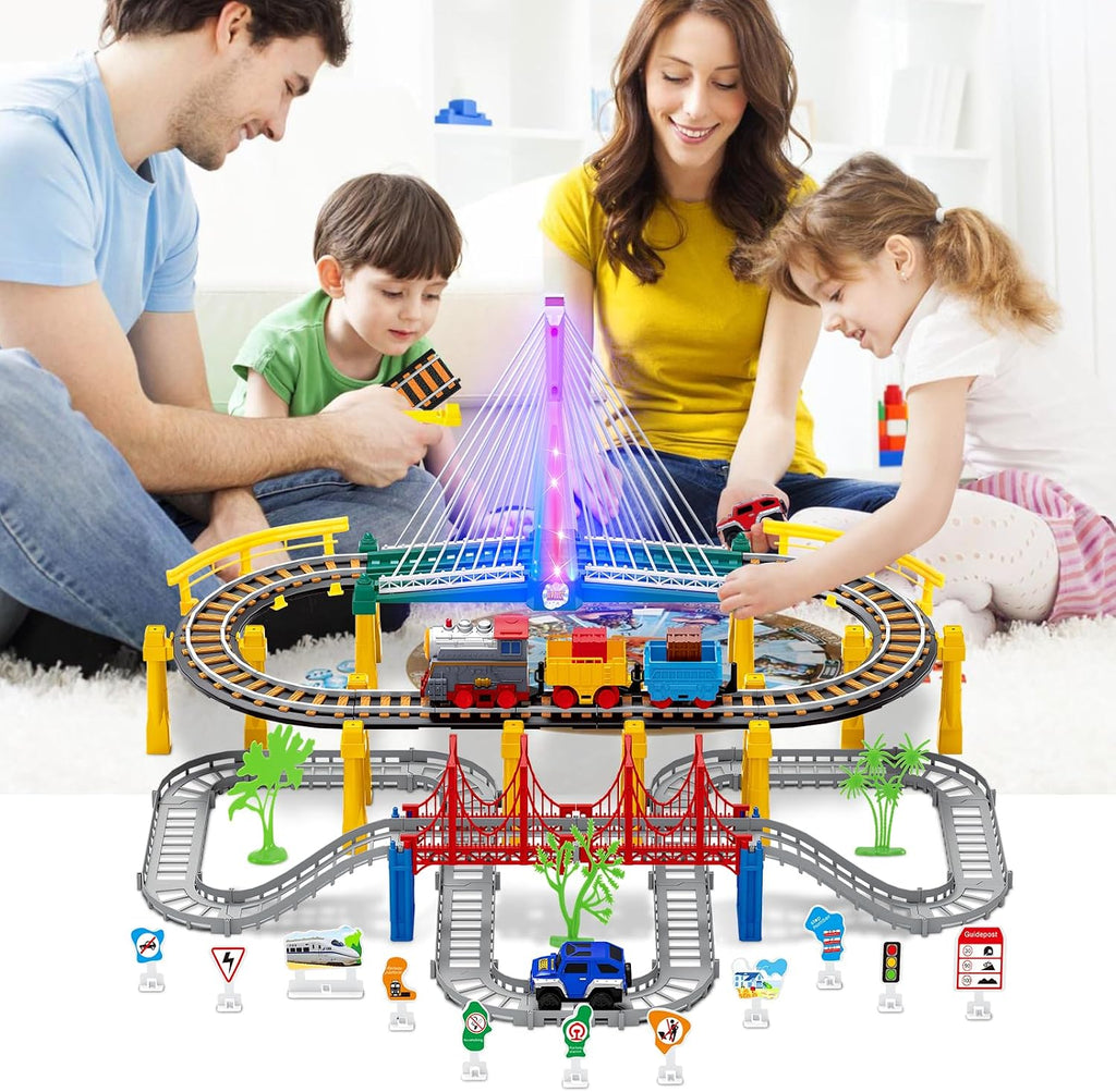 Electric Train Set for Kids Ages 4-8 with Train Tracks Set & Car Tracks Lights Up Bridge Road Sign Realistic Sound