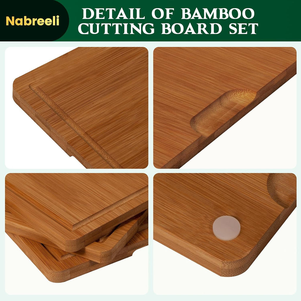 Bamboo Cutting Board Set of 3 with Holder – Space-Saving Kitchen Boards for Fruit, Cheese & Everyday Food Prep –