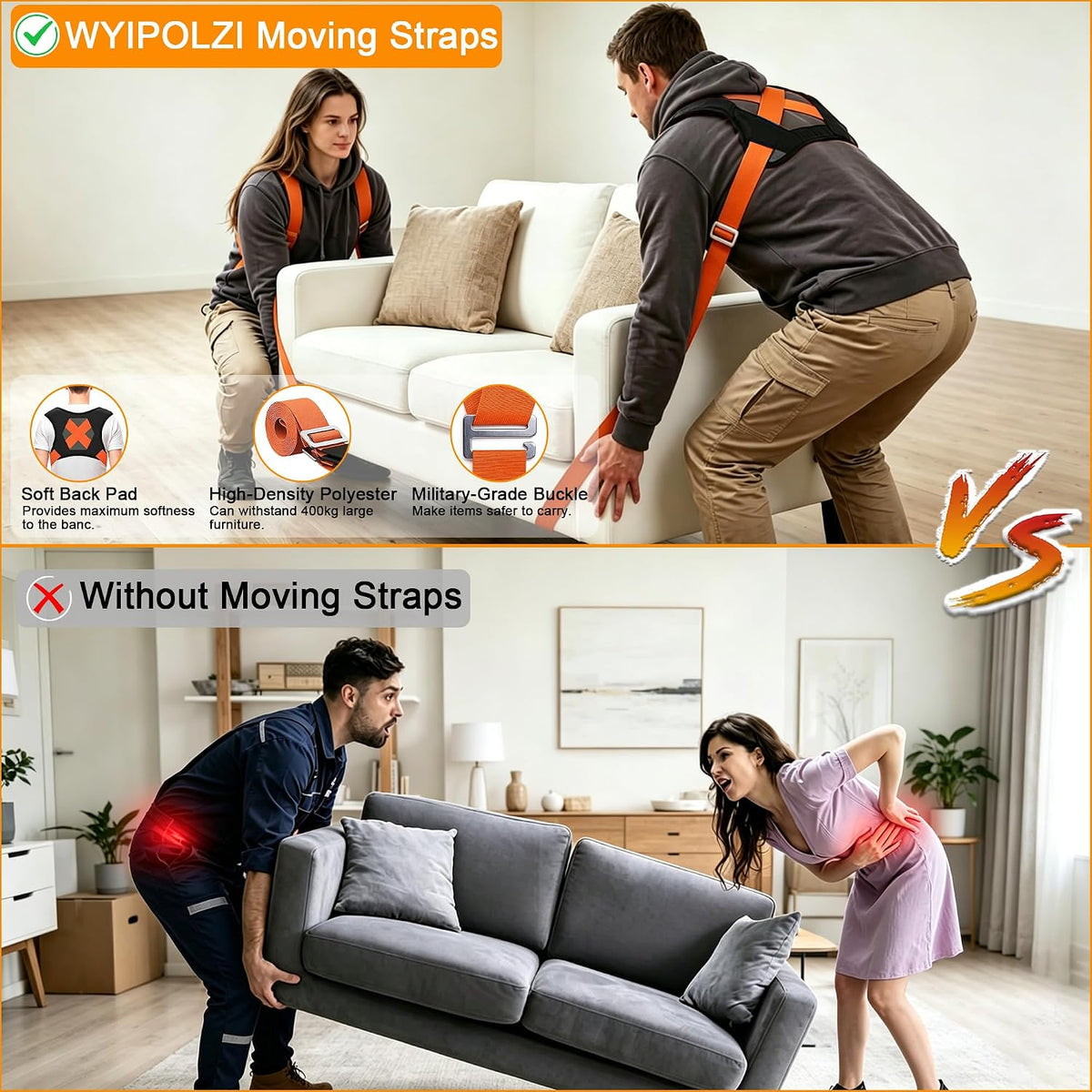 Moving Straps, 2-Person Shoulder Lifting and Moving System, Heavy Objects Up to 800lbs Safely for Moving Appliances
