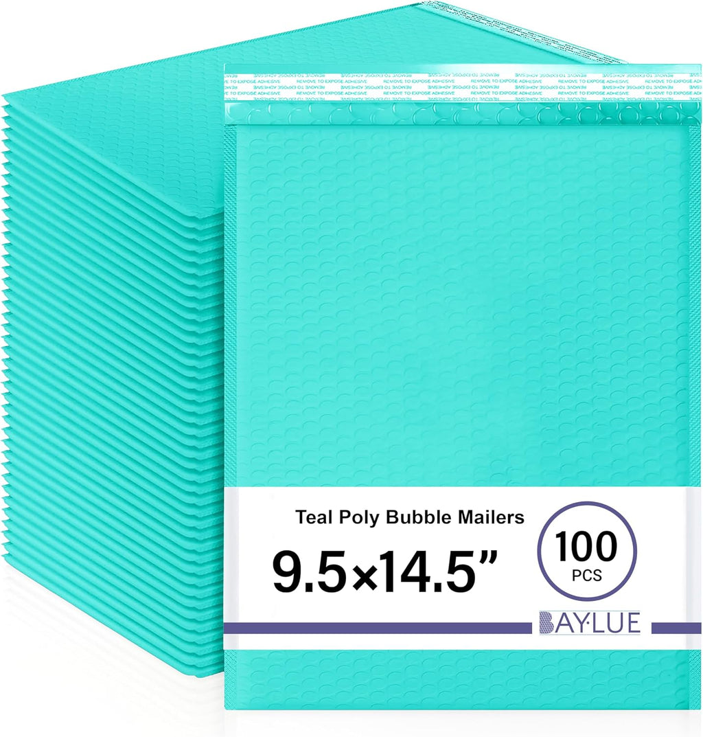 Teal Bubble Mailers 9.5x14.5, Self Seal Poly Padded Envelopes #4, 100 Pack