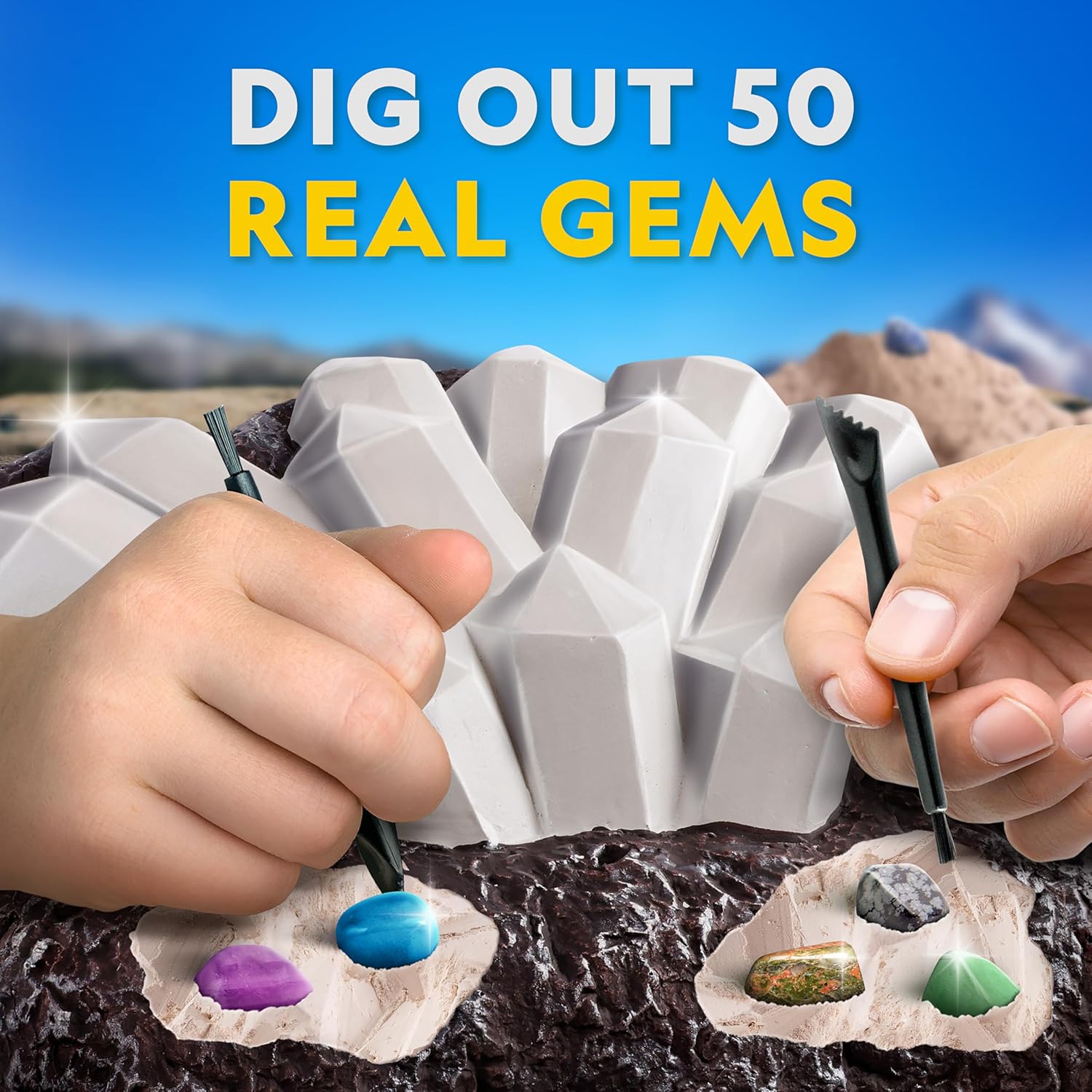 National Geographic Gigantic Gemstone Dig Kit with 50 Real Gemstones | Giant Dig Brick, Amethyst, Quartz & Tiger's
