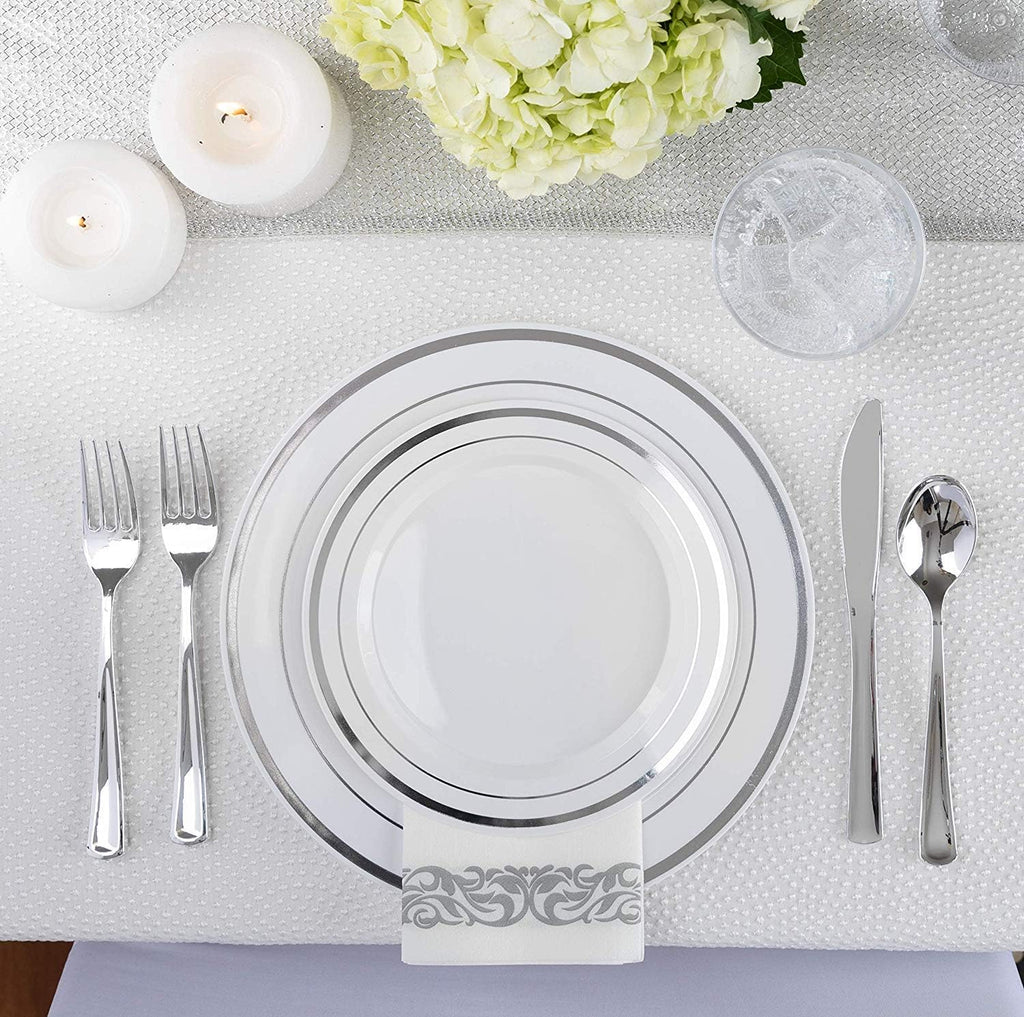 125-Piece White and Silver Fancy Plastic Plates Disposable with Silverware, Elegant Dinnerware for Weddings, Holiday