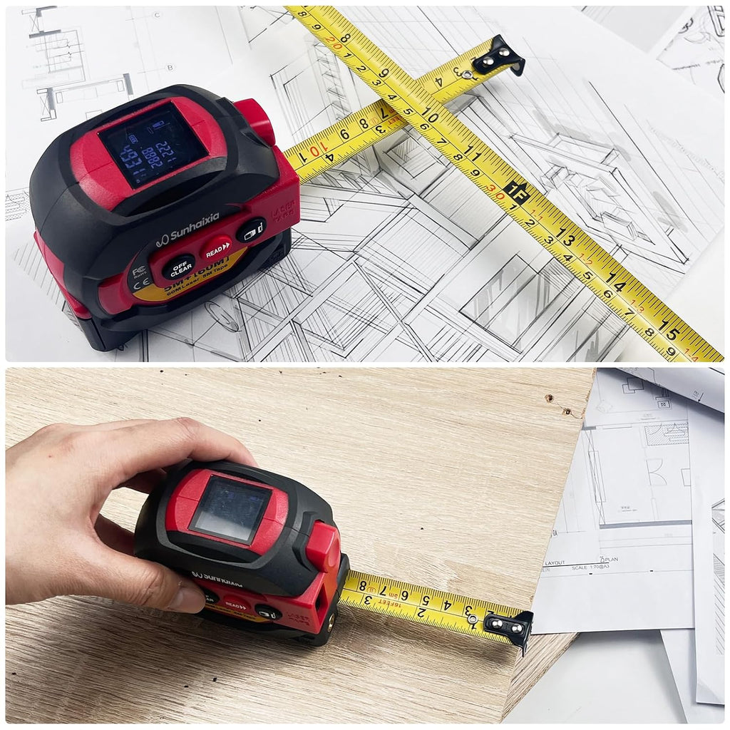 Laser Tape Measure 3 in 1 with Laser Level Crosshairs |196ft/60m Laser Distance+16ft/5m AutoLock Tape |Backlit LCD