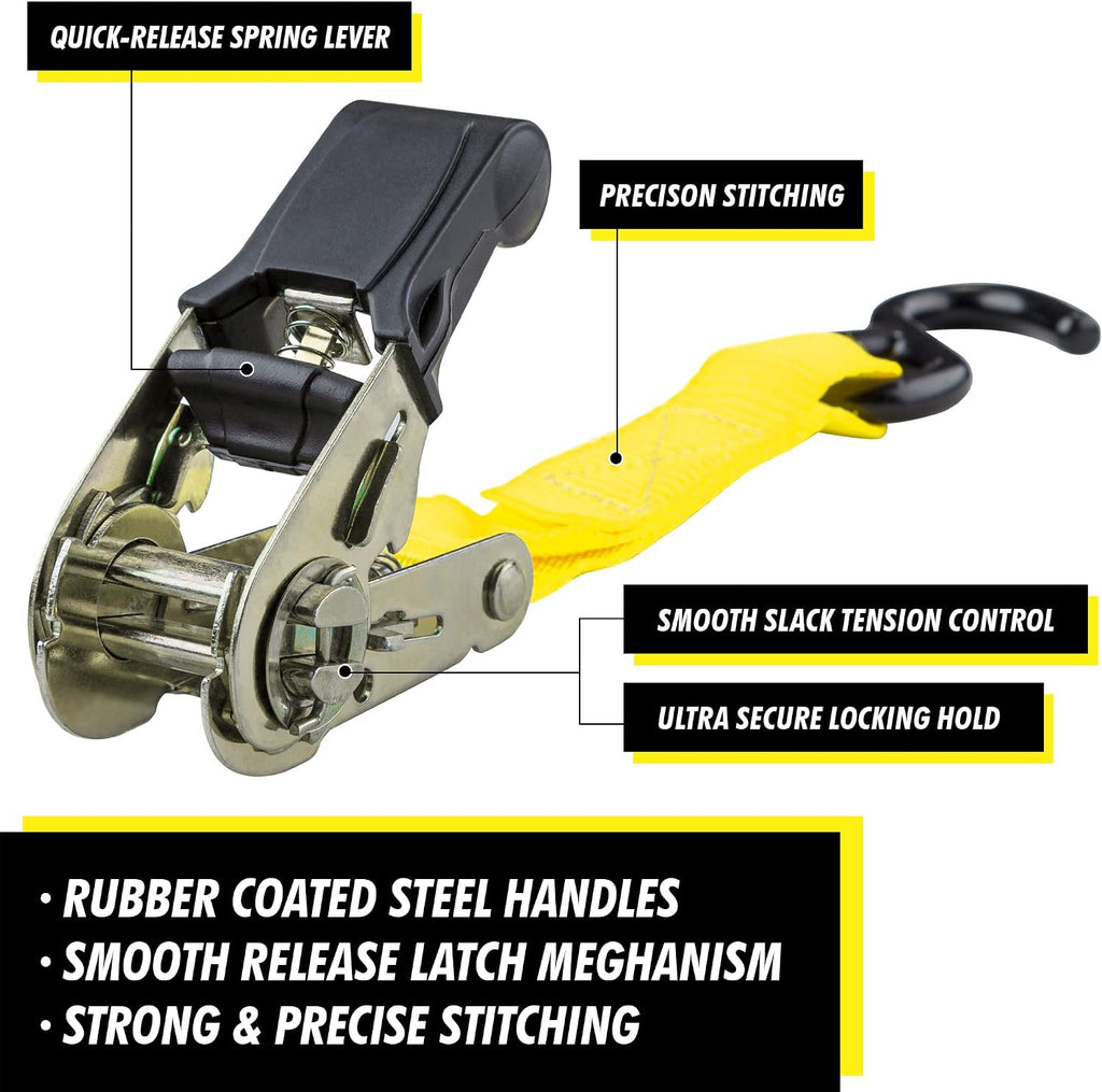 Ratchet Tie Down Straps, 1 in x 15 ft, 1500 lb, 4-Pack, Yellow | Coated S-Hooks, Polyester Webbing, Spring-Loaded