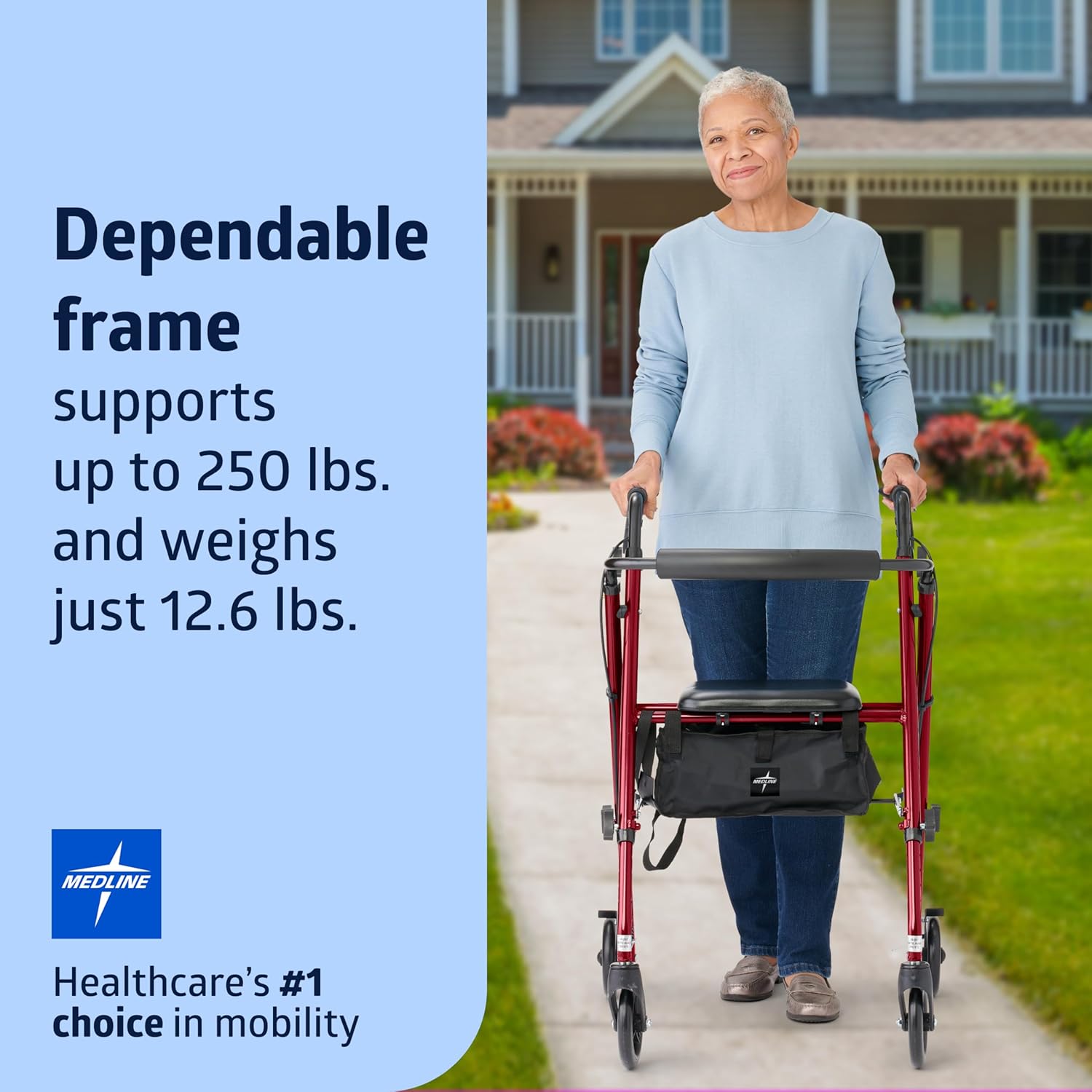 Superlight Folding Aluminum Mobility Rollator Walker, Red, 250 lb. Weight Capacity, 6" Wheels, Adjustable Arms and