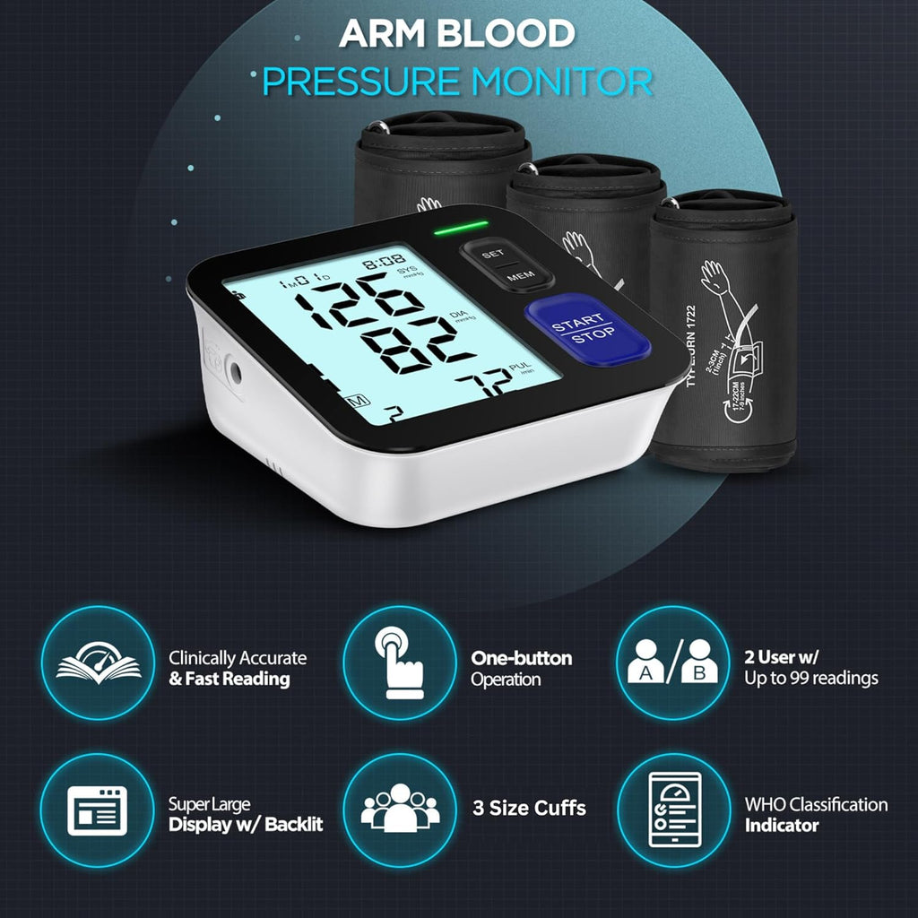 Blood Pressure Machine Upper Arm, 3 Size Cuffs, Small 7"-9", Medium/Large 9"-17" and Extra Large X-Large Cuff
