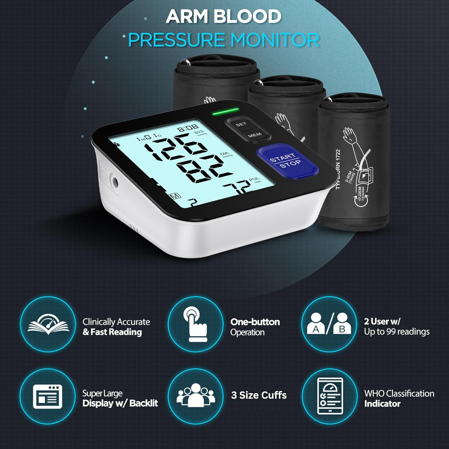 Blood Pressure Machine Upper Arm, 3 Size Cuffs, Small 7"-9", Medium/Large 9"-17" and Extra Large X-Large Cuff