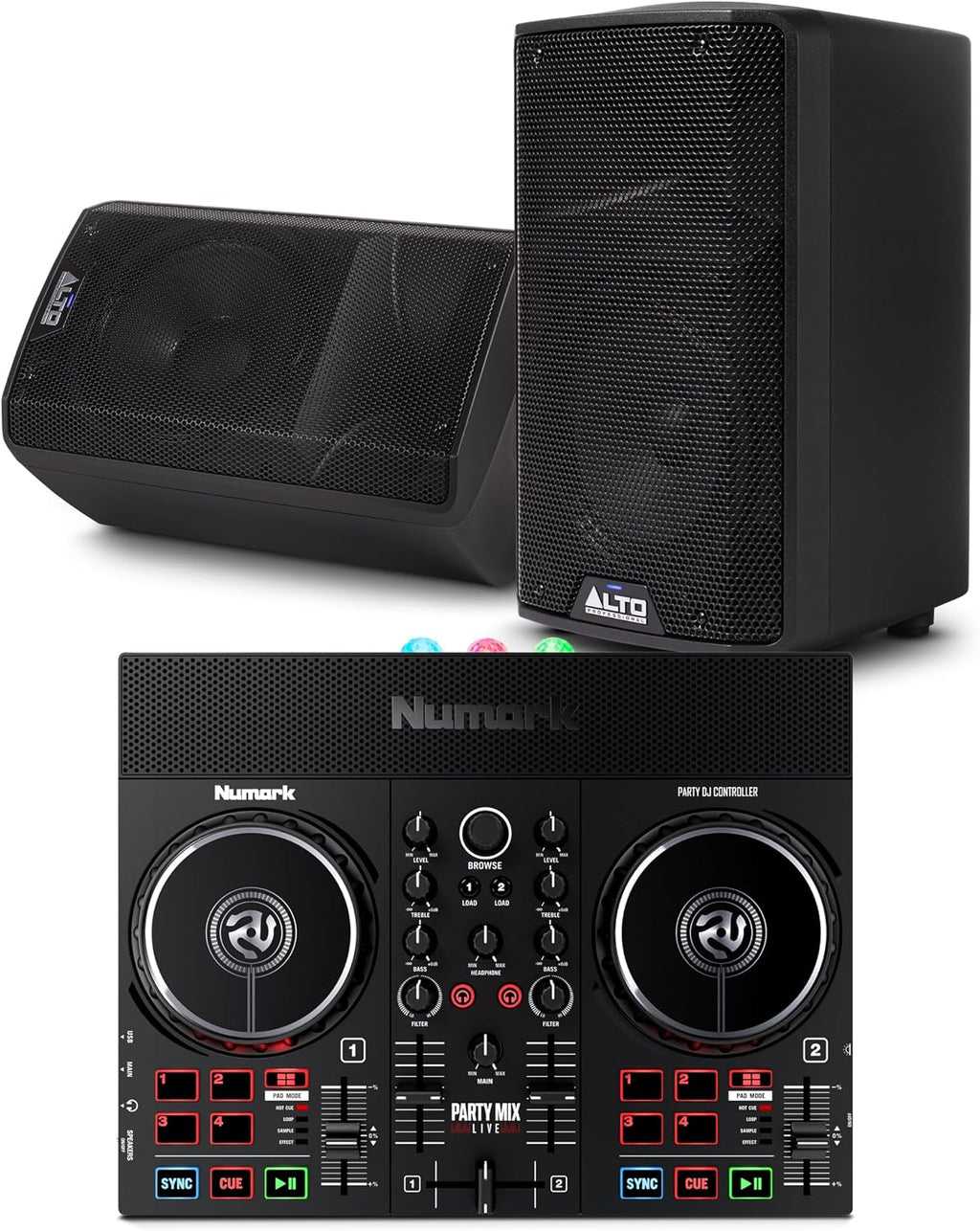 Party Mix Live DJ Controller and ALTO TX408 Powered PA Speakers Pair for Live Music, DJ sets, Events, Music production