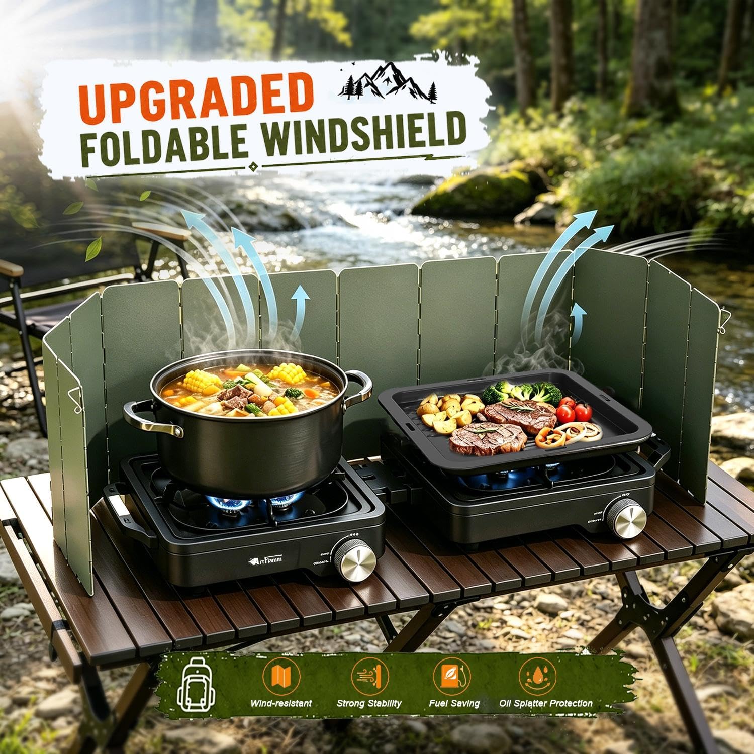 29000 BTU 2 Burner Camping Stove with Windshield, Propane Camp Stove, Portable Folding Gas Stove, Camping Essentials
