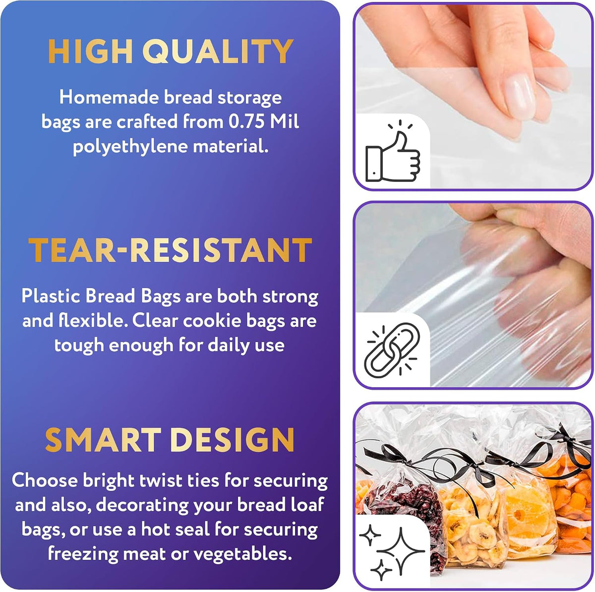 Gusseted Poly Bags, Clear Plastic Bread Bags Open Top, 10 x 8 x 24 Inch, 0.75 Mil, Pack of 500