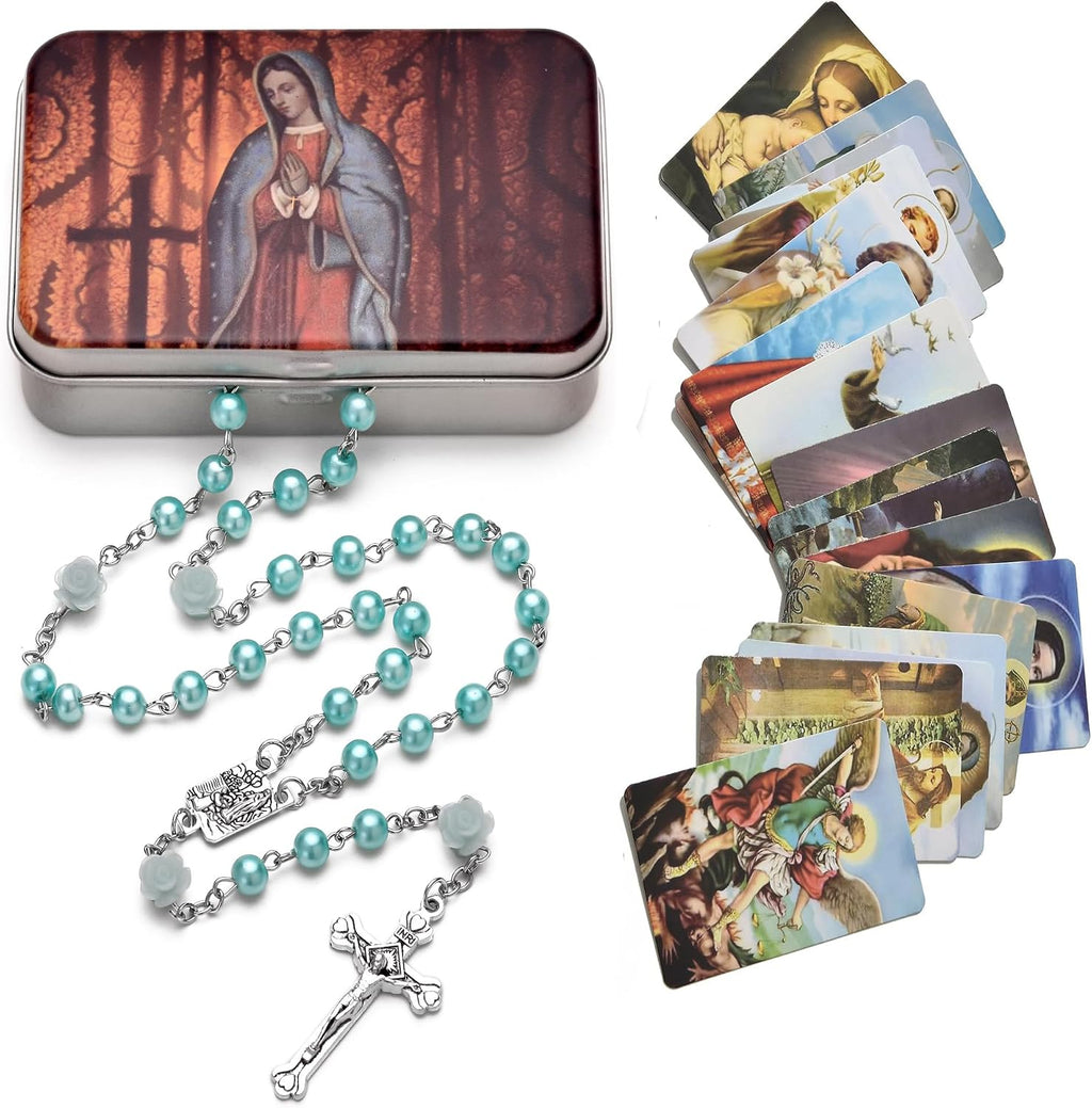Rosary Beads Catholic Necklace Holy Soil Medal Cross Crucifix with Metal Box and 18pcs Prayer Cards