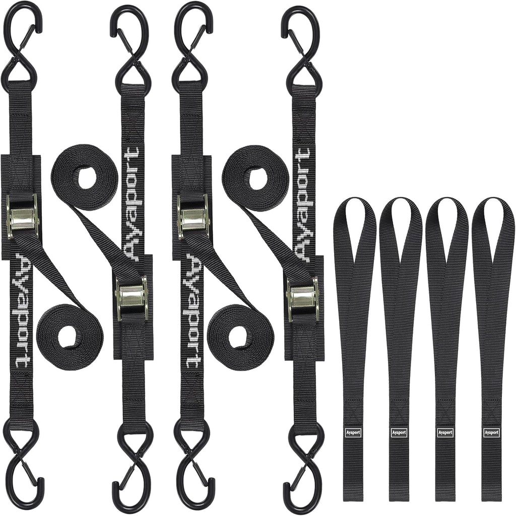 Cam Buckle Tie Down Straps 8ft 1250lbs Break Strength 4 pcs | Securing Straps with S Hooks for Motorcycle, Car