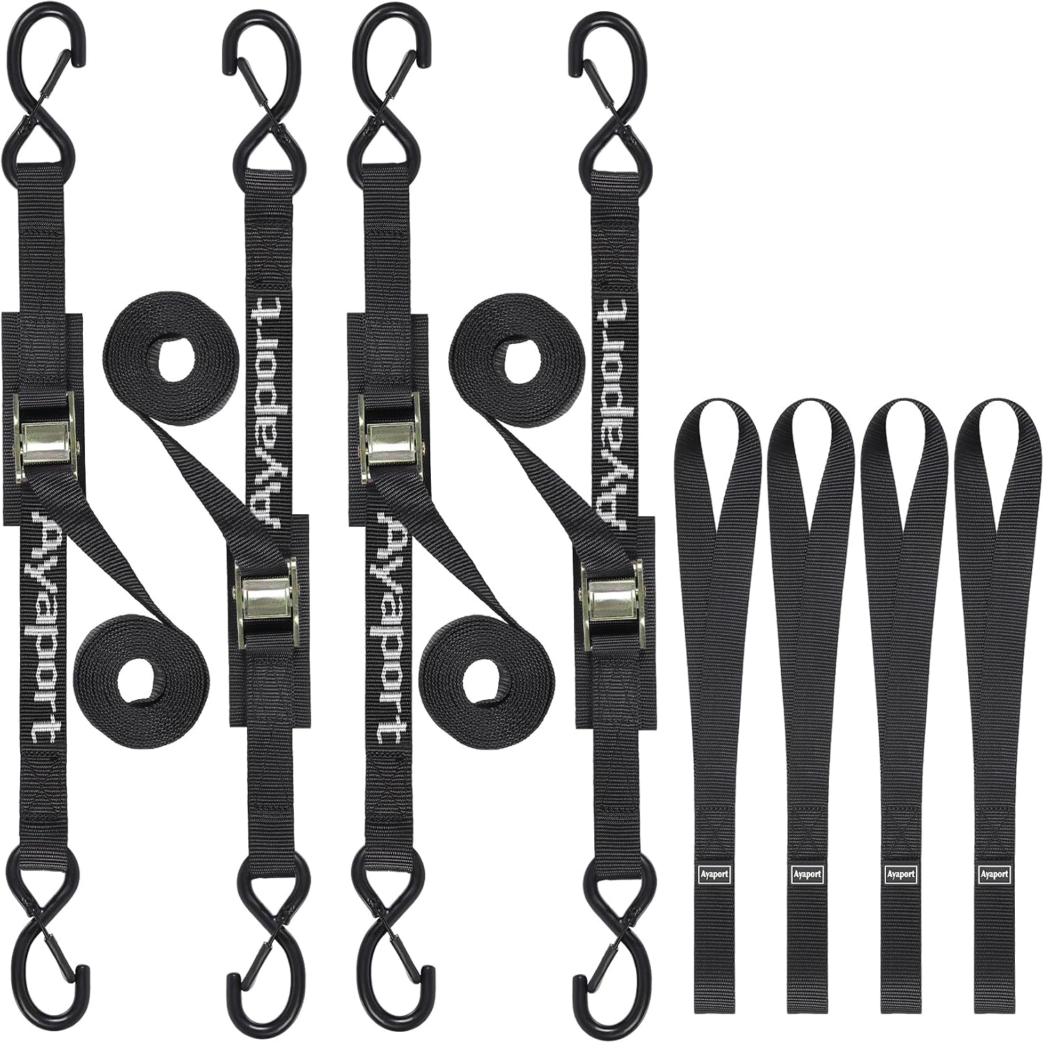 Cam Buckle Tie Down Straps 8ft 1250lbs Break Strength 4 pcs | Securing Straps with S Hooks for Motorcycle, Car