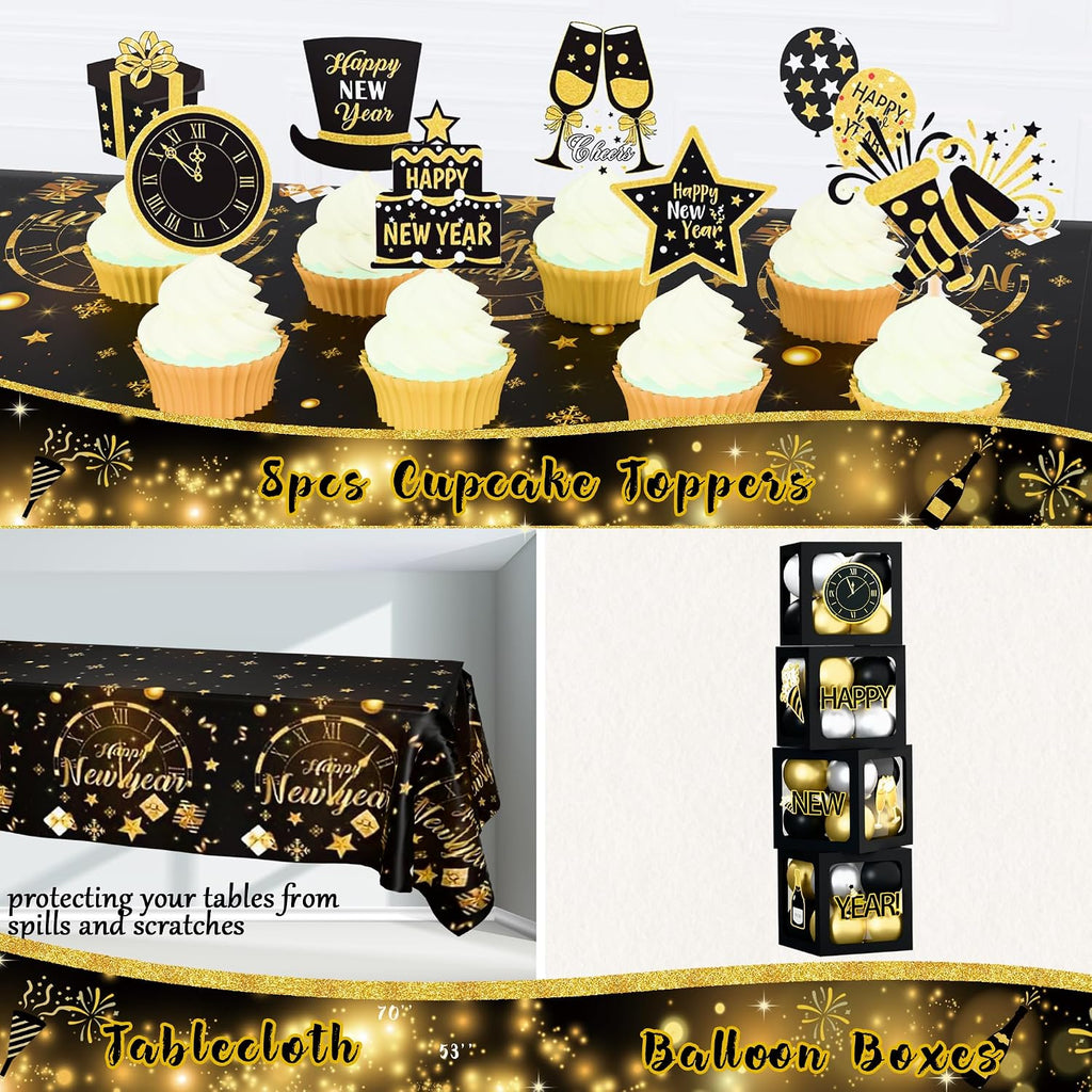 New Year Party Decorations 2026, Happy New Year's Eve Party Supplies Kit, 2026 Gold Black New Year Party Decor with
