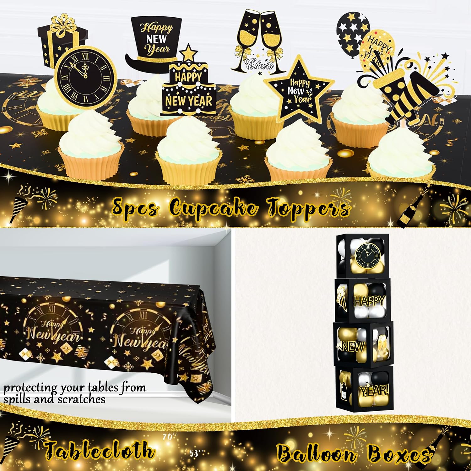 New Year Party Decorations 2026, Happy New Year's Eve Party Supplies Kit, 2026 Gold Black New Year Party Decor with