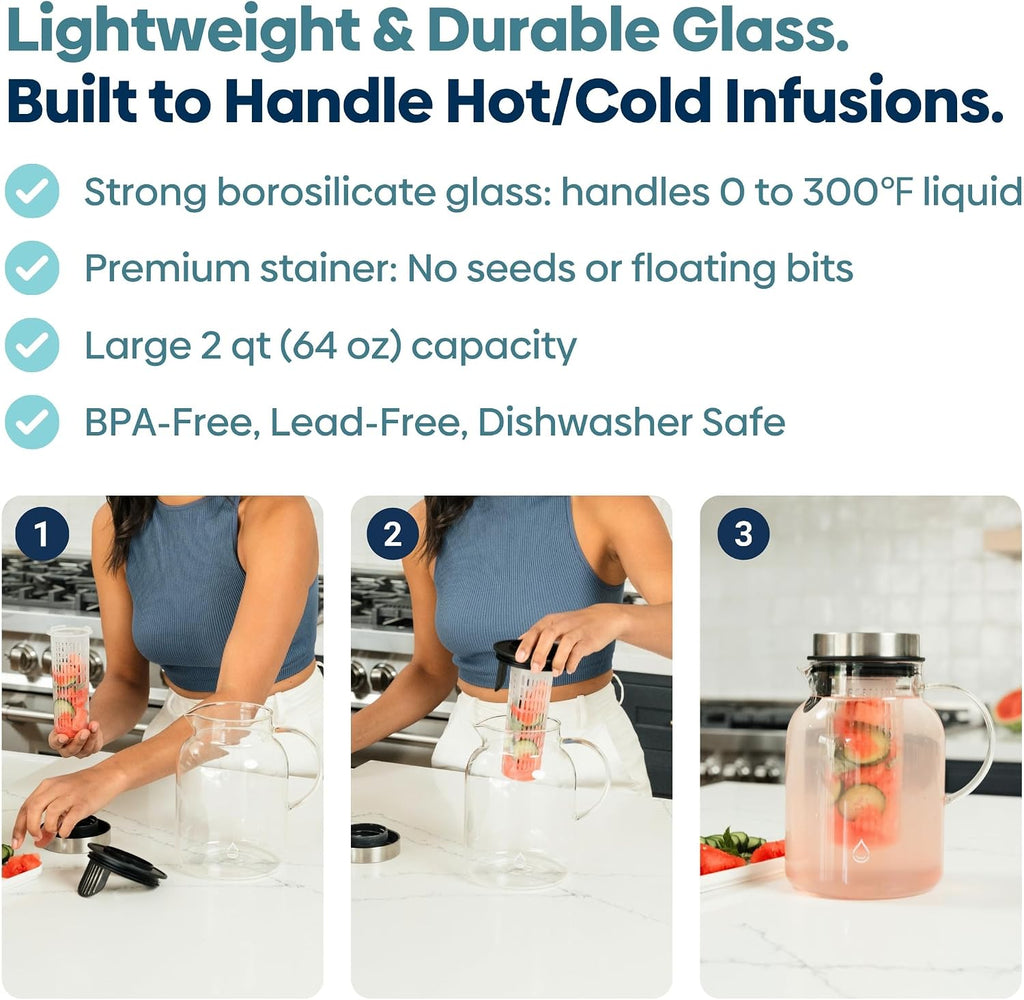 Glass Fruit Infuser Water Pitcher, Heat Resistant for Hot/Cold Use, Great Iced Tea Pitcher | Tranquil Collection, 2 Qt