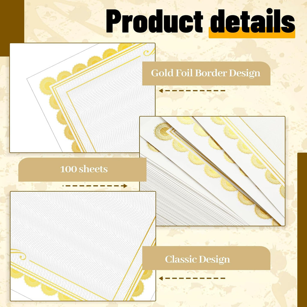 100 Sheet Gold Foil Border Certificate Paper 8. 5 x 11 for Printing Blank Cardstock for Graduation Diploma
