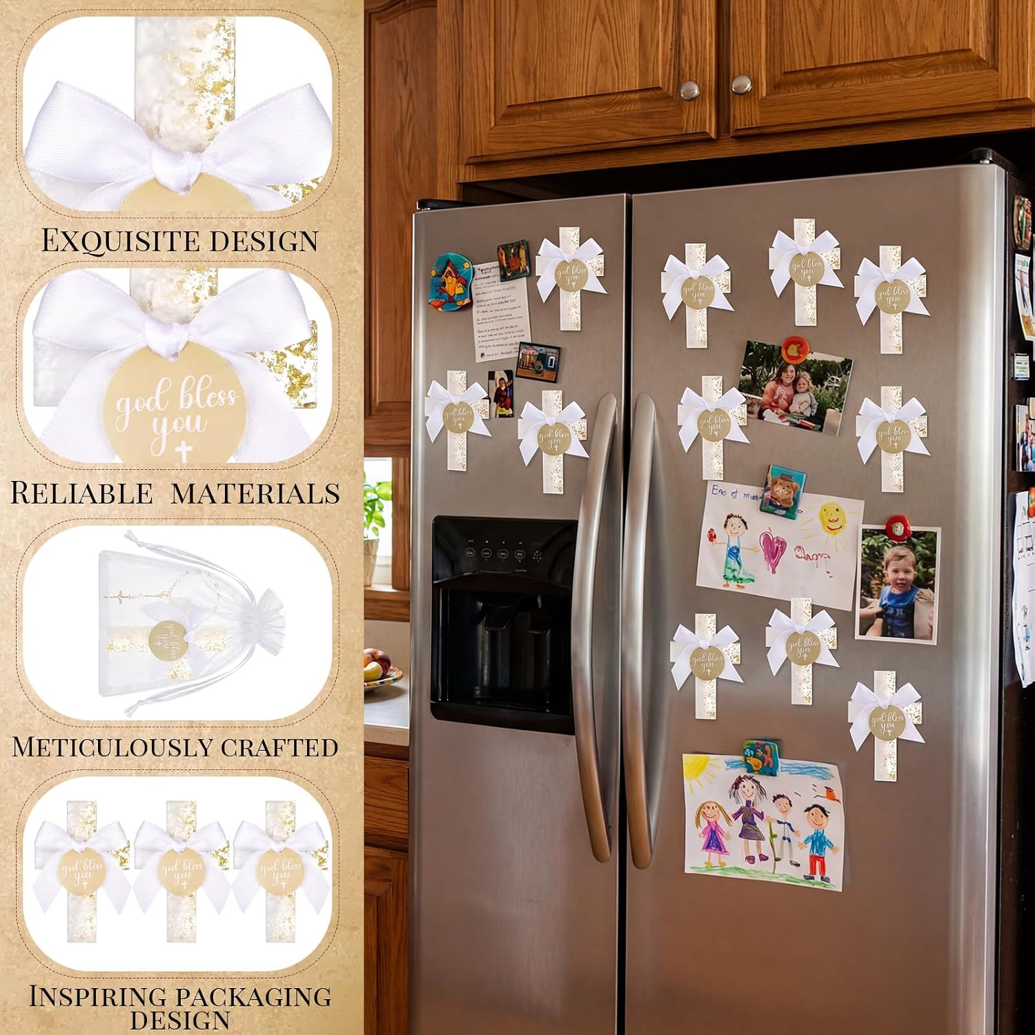 36 Pcs Baptism Favors Set, 12 Resin Cross Fridge Magnets with Bow Tied Cards, 12 Acrylic Baptism Rosary Beads with