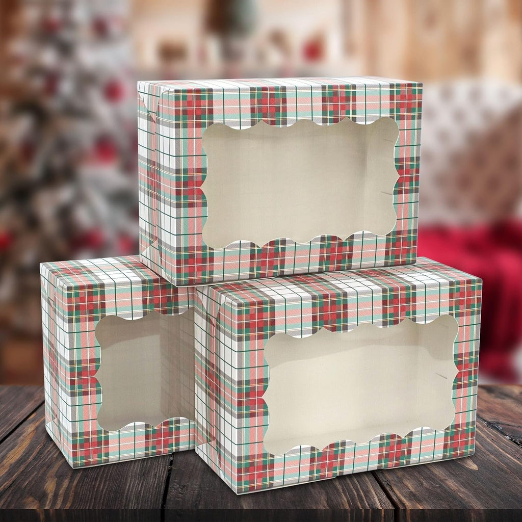 Christmas Cookie Boxes - 12 Pack - Tartan Plaid Bakery Gift Box with Window