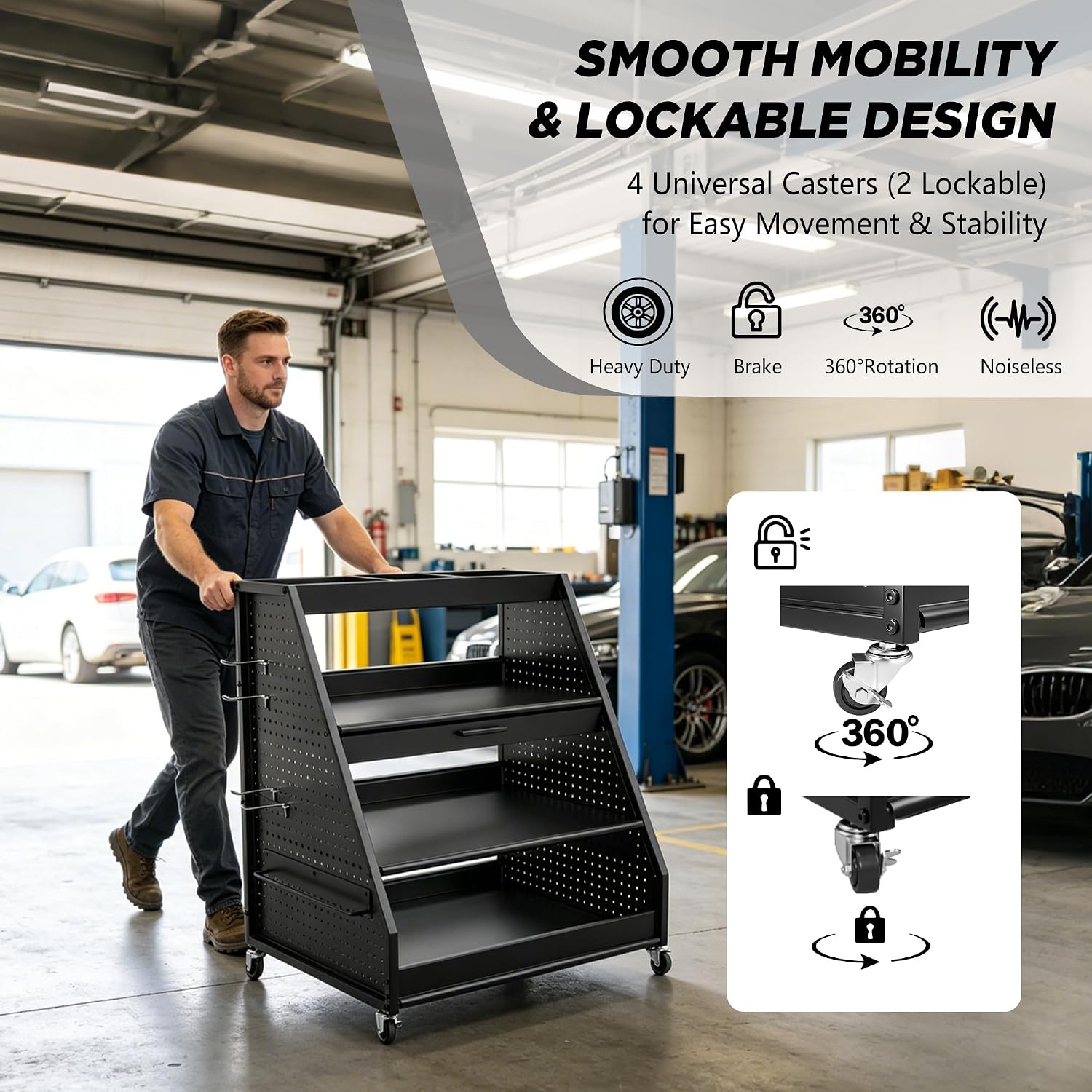 4-Tier Heavy Duty Rolling Tool Cart with Pegboard & Sliding Tray, 440 LBS Load Capacity Steel Utility Cart on