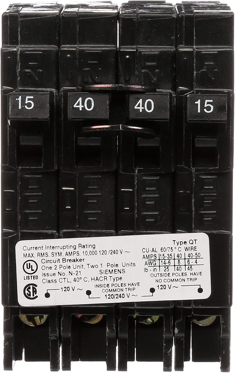 Siemens 40 Amp Double-Pole and (2) 15 Amp Single-Pole Type QT Triplex Circuit Breaker