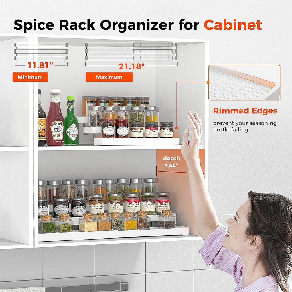 Expandable Spice Rack Organizer for Cabinet - 3 Tier Adjustable Cabinet Spice Organizer Easy Visibility - Spice
