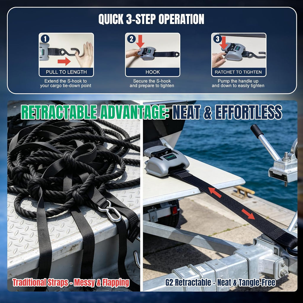 2Pack Retractable Boat Transom Tie Down Straps 2" x 43" 2500 lbs Strength