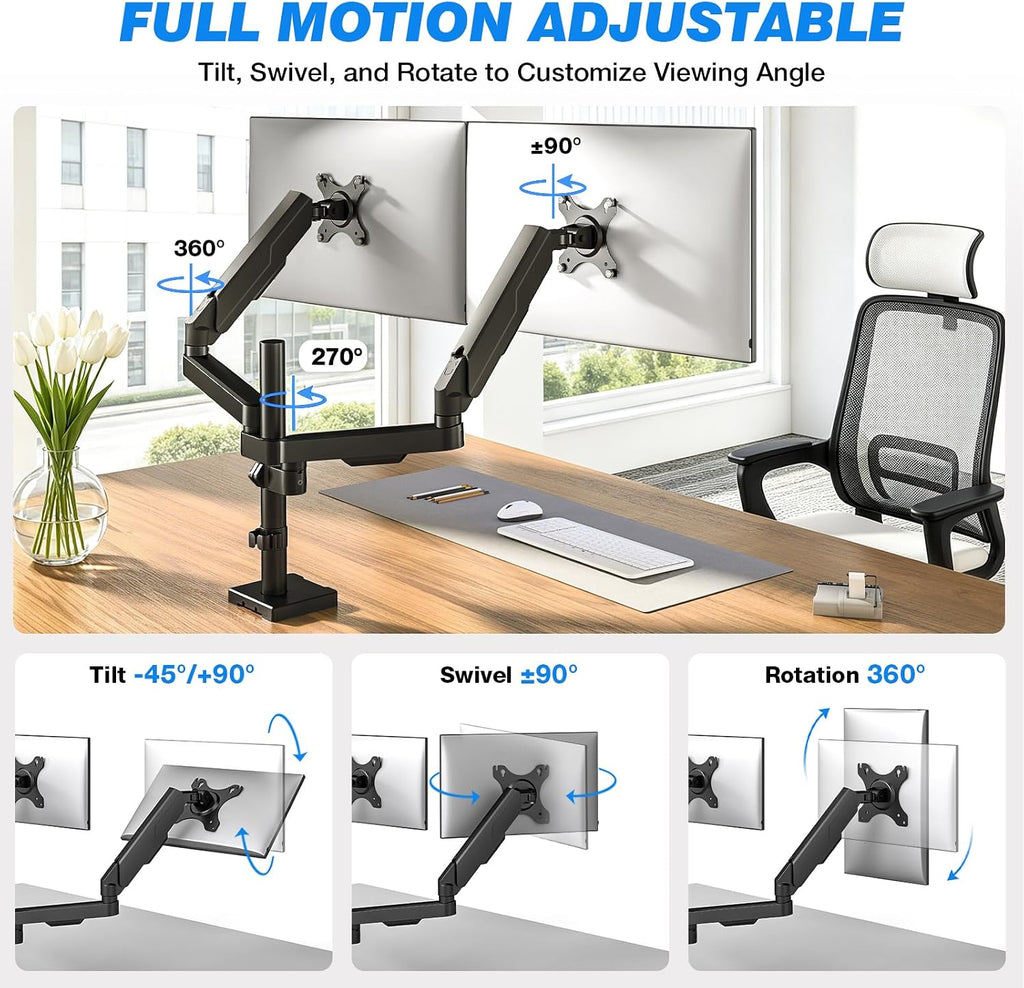 Dual Monitor Stand Desk Mount for 17-34" Screens Holds up to 22lbs | Full Motion Height Adjustable, Tilt/Swivel, 360
