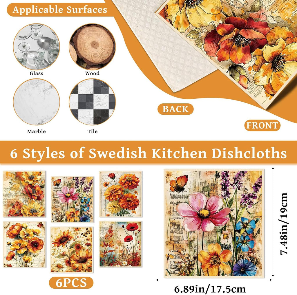 Fall Swedish Dishcloths, Autumn Wildflowers Sponge Dish Cloths