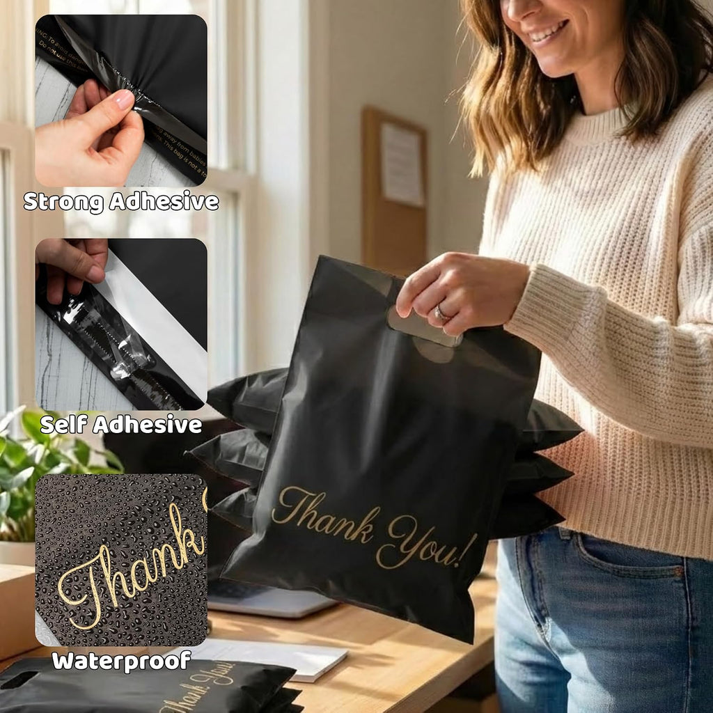 Black Poly Mailers with Handle, 12x15, 50 Pack, Shipping Bags