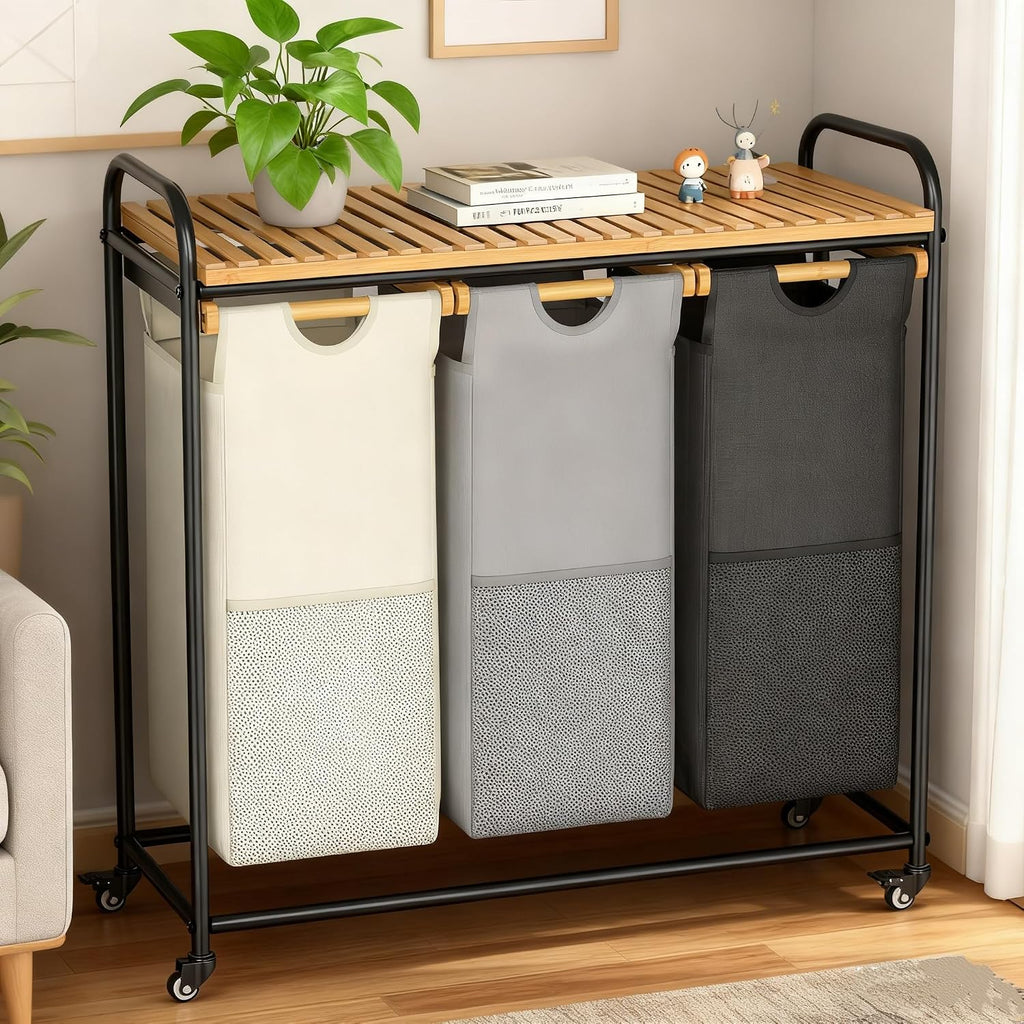 Laundry Hampers 3 Section, Laundry Sorter with Removable Shelf and Pull-Out Bags, Rolling Cart Clothes Hampers Basket