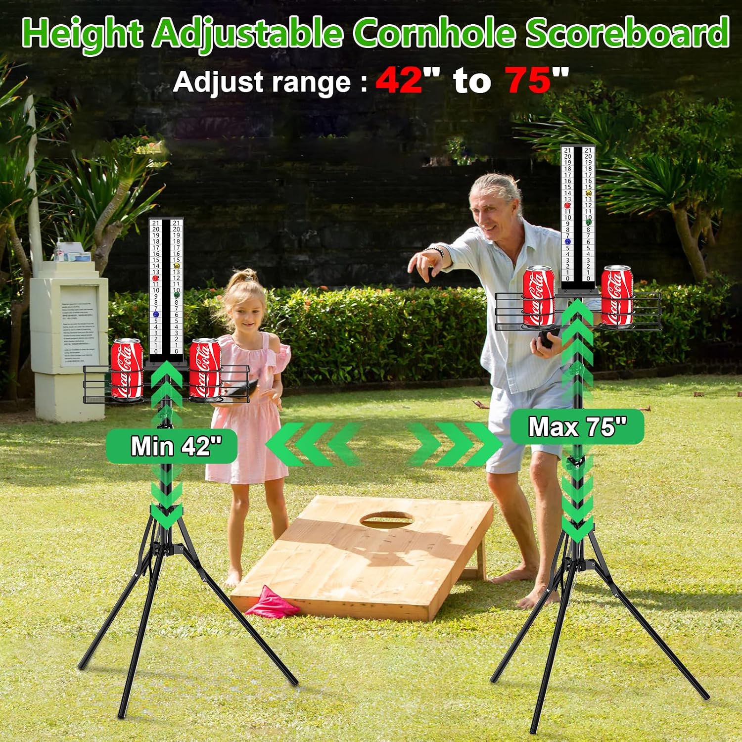Cornhole Scoreboard with Drink Holder, Height Adjustable Foldable Cornhole Score Keeper with Storage Rack Includes 4
