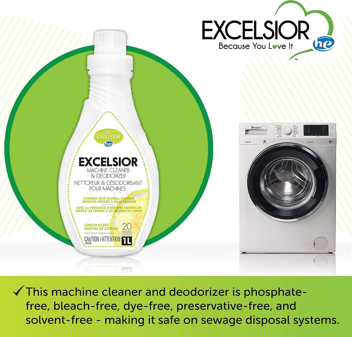 Excelsior HE Washing Machine Cleaner & Deodorizer, 20 Uses, 1 Liter