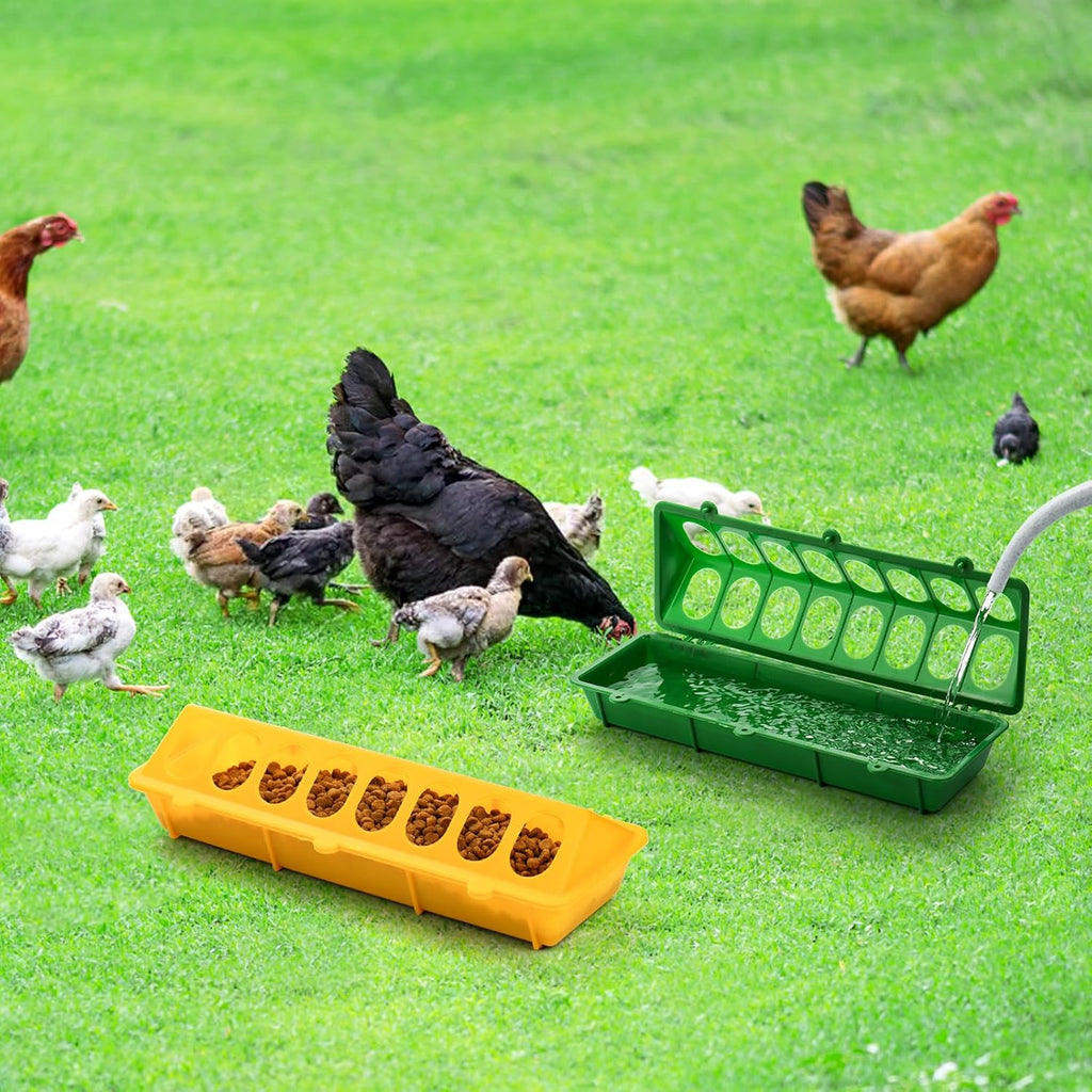 6 Pack Flip Top Poultry Feeder, Plastic Chicken Feeder Trough Multi-Hole Poultry Feeding Tray No Mess No Waste Chick