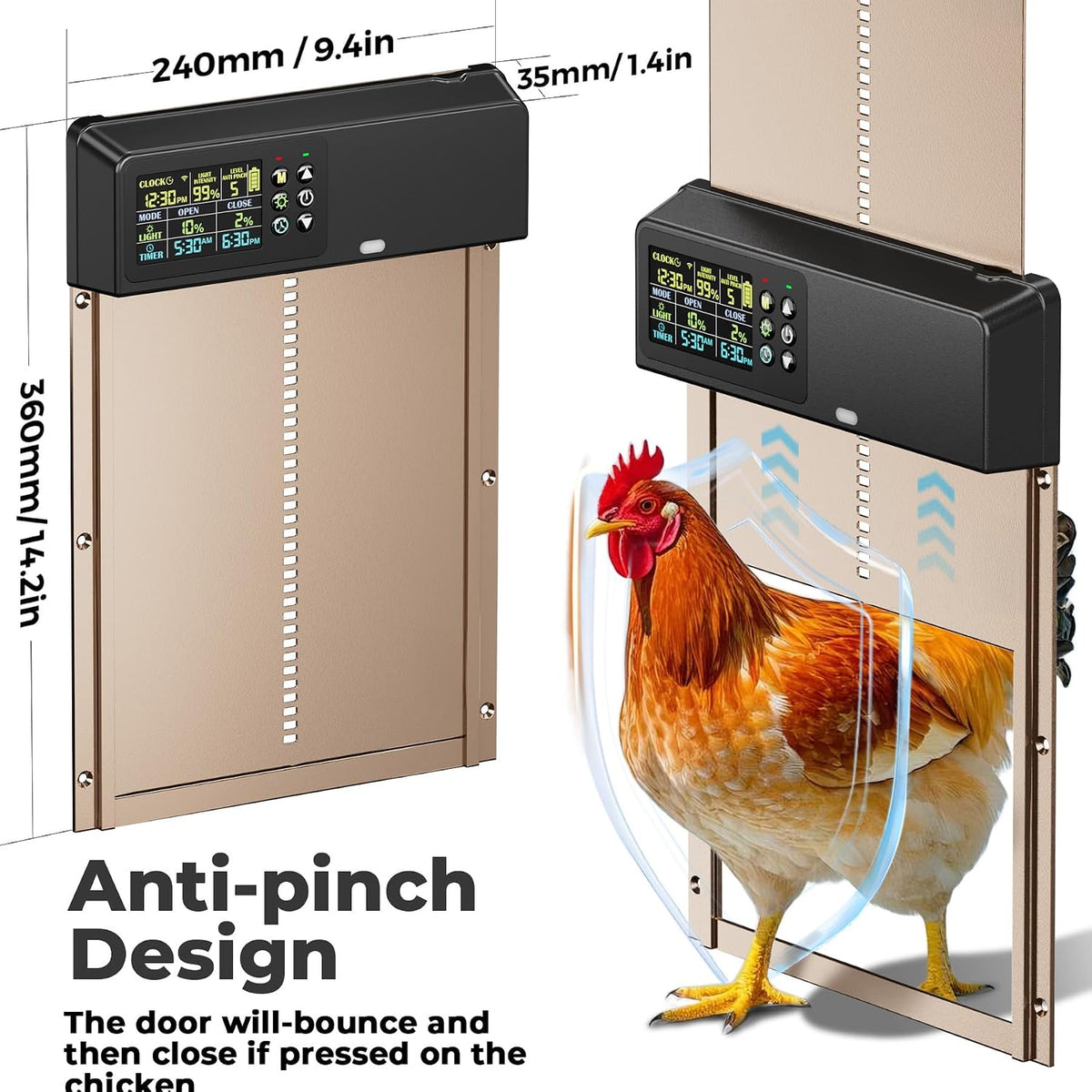 Automatic Chicken Coop Door: 3500mAh Solar Powered, 656ft Long-Range Remote, Intuitive Color LCD Display, Anti-Pinch