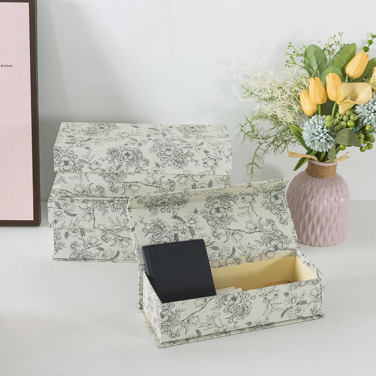 Decorative Storage Boxes with Lids, Set of 3, Elegant Floral