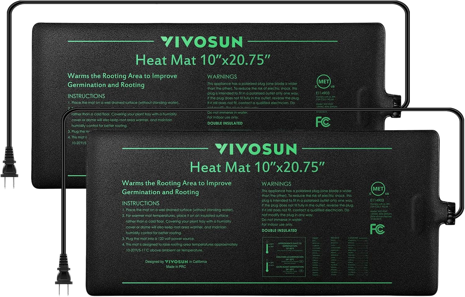 VIVOSUN 2 Pack Durable Waterproof Seedling Heat Mat 10" x 20.75" | UL & MET-Certified Warm Hydroponic Heating Pad for