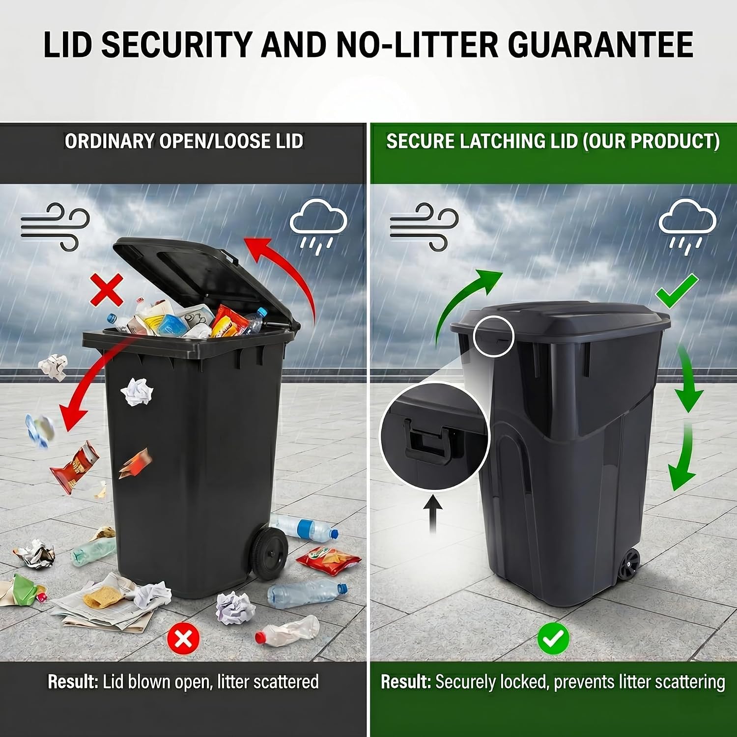 32 Gallon Wheeled Outdoor Trash Can with Attached Click-Lock Lid, Heavy Duty Plastic Garbage Bin with Rugged Wheels