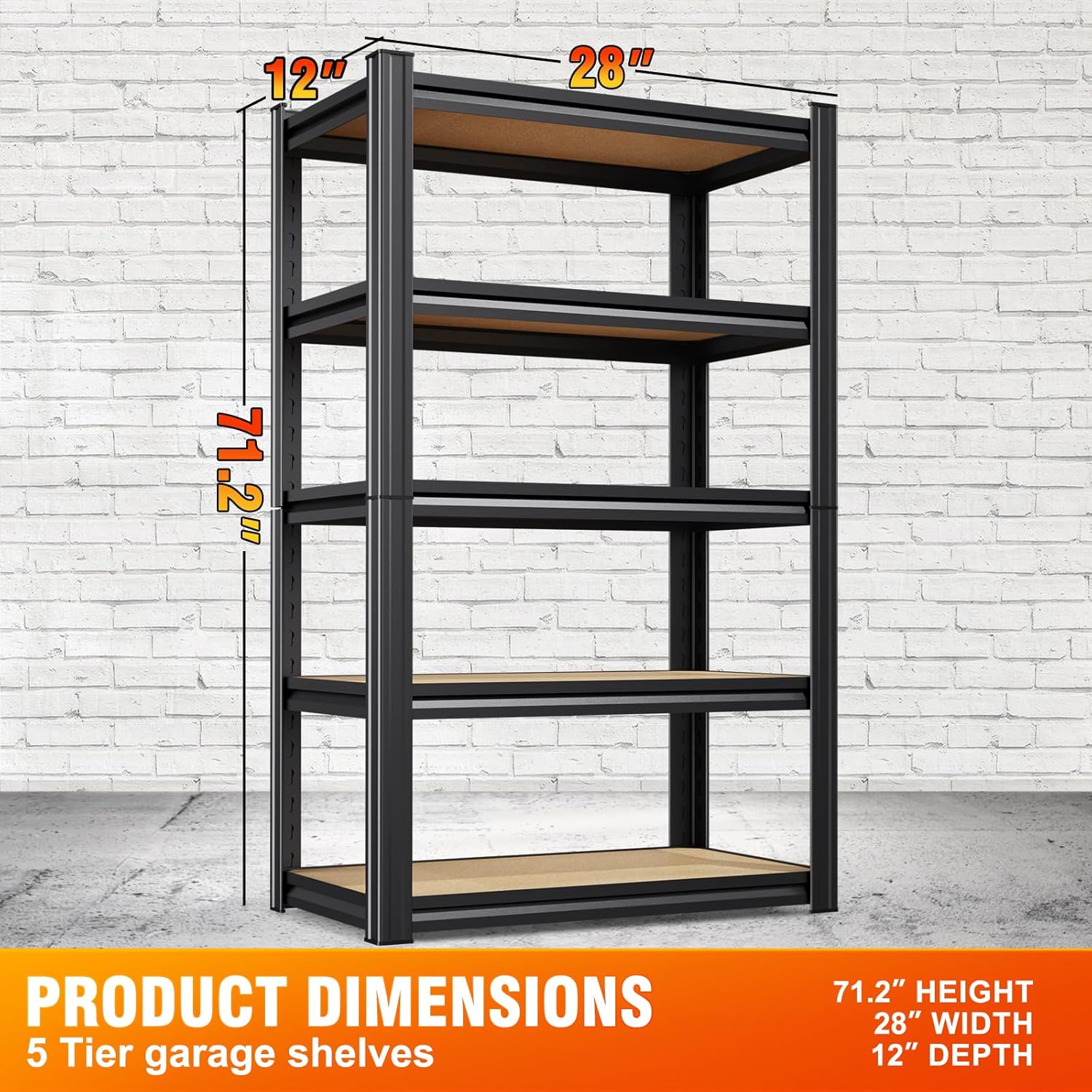 71.2"H Storage Shelves, 5 Tier Adjustable Wood Garage Shelving, Utility Tall Metal Shelving Unit, Easy to install