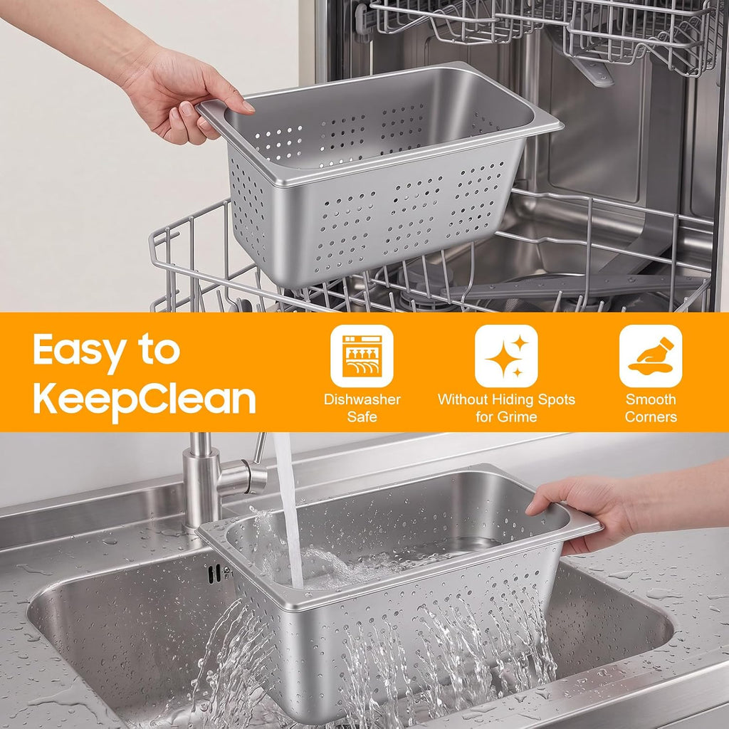 2Pcs 1/3 Size 6 Inch Deep Stainless Steel Perforated Steam Pans
