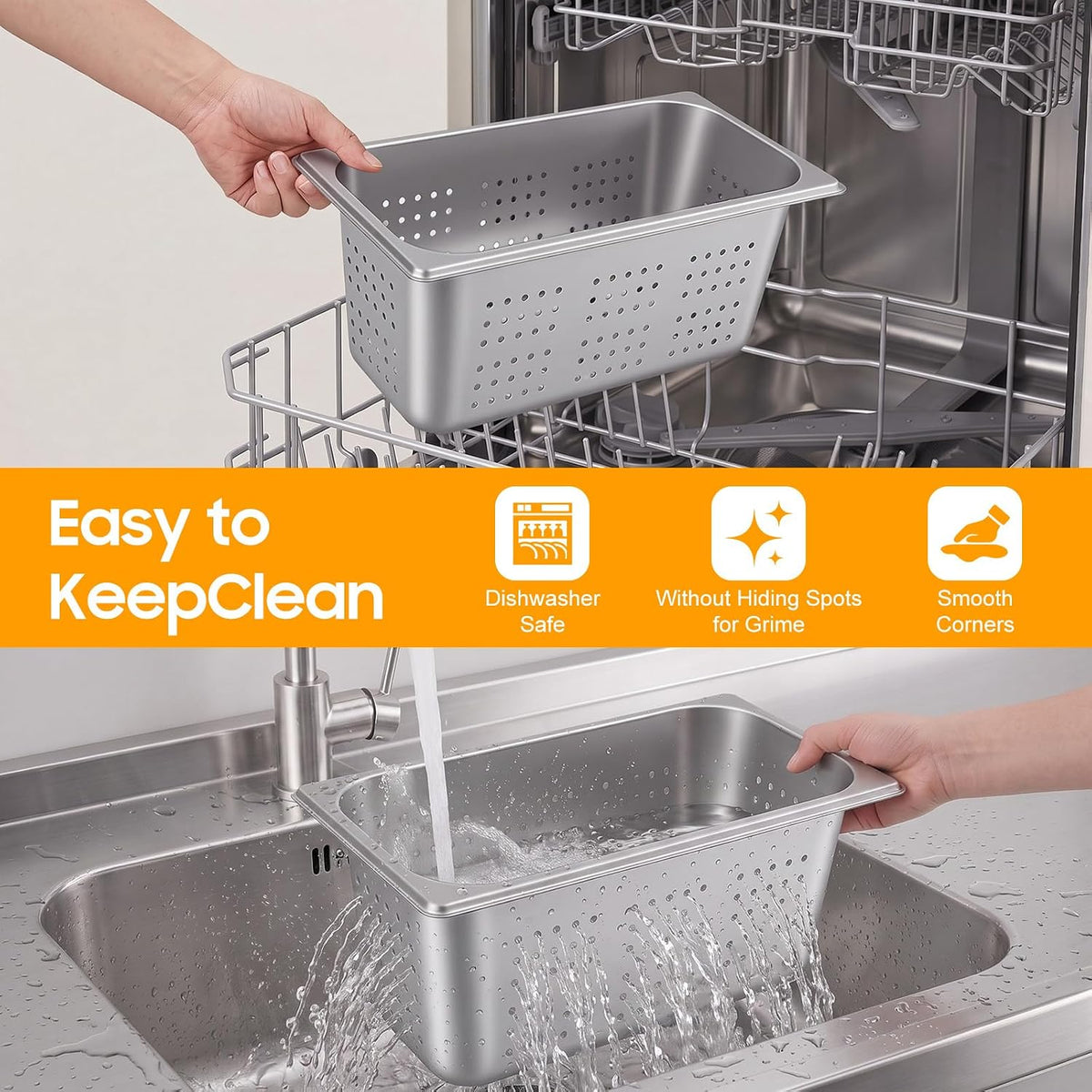 2Pcs 1/3 Size 6 Inch Deep Stainless Steel Perforated Steam Pans