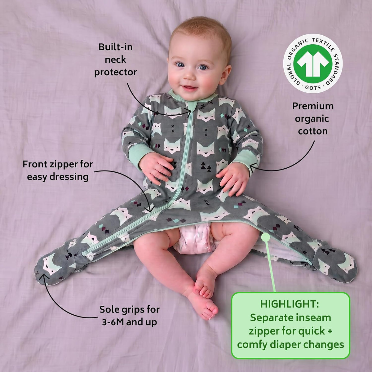 – Zipper Organic Sleeper Footed Onesies Sleeper Baby Pajamas with Inseam Zipper