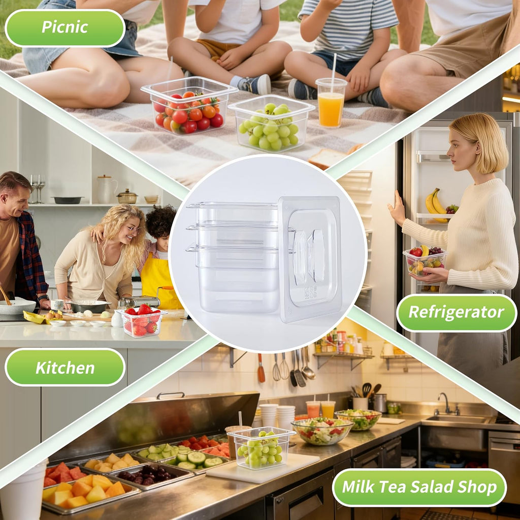 1/6 Size 4" Deep Polycarbonate Food Pans with Lids, 4 Pack
