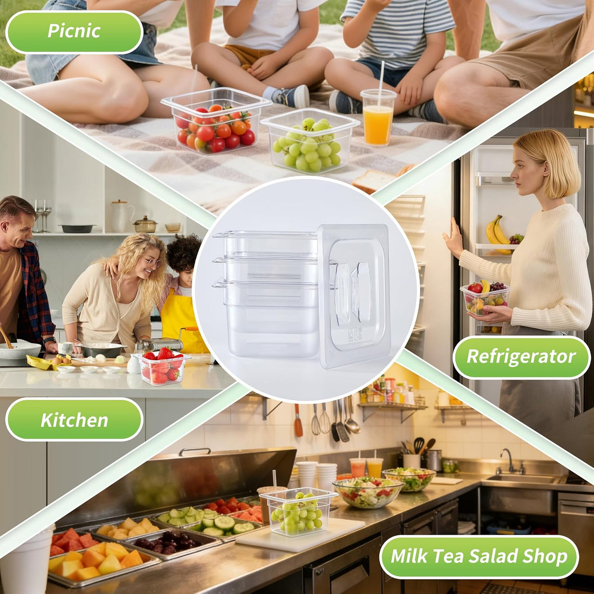 1/6 Size 4" Deep Polycarbonate Food Pans with Lids, 4 Pack